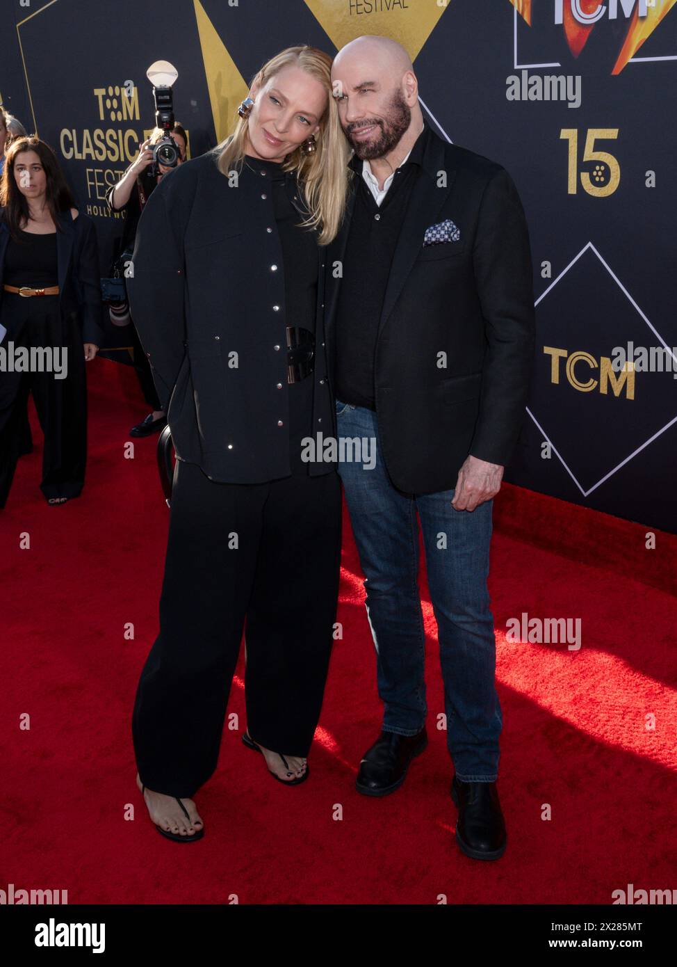 April 18, 2024, Hollywood, California, U.S.: Uma Thurman and John Travolta attens the 30th Anniversary Presentation of 'Pulp Fiction' as the Opening Night Film of the 2024 TCM Classic Film Festival. (Credit Image: © Billy Bennight/ZUMA Press Wire) EDITORIAL USAGE ONLY! Not for Commercial USAGE! Stock Photo