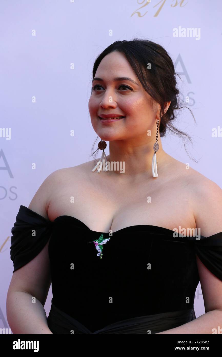 Dublin, Ireland. 20th April 2024.  Actor Lily Gladstone arriving on the red carpet at the Irish Film and Television Awards (IFTA), Dublin Royal Convention Centre. Credit: Doreen Kennedy/Alamy Live News. Stock Photo