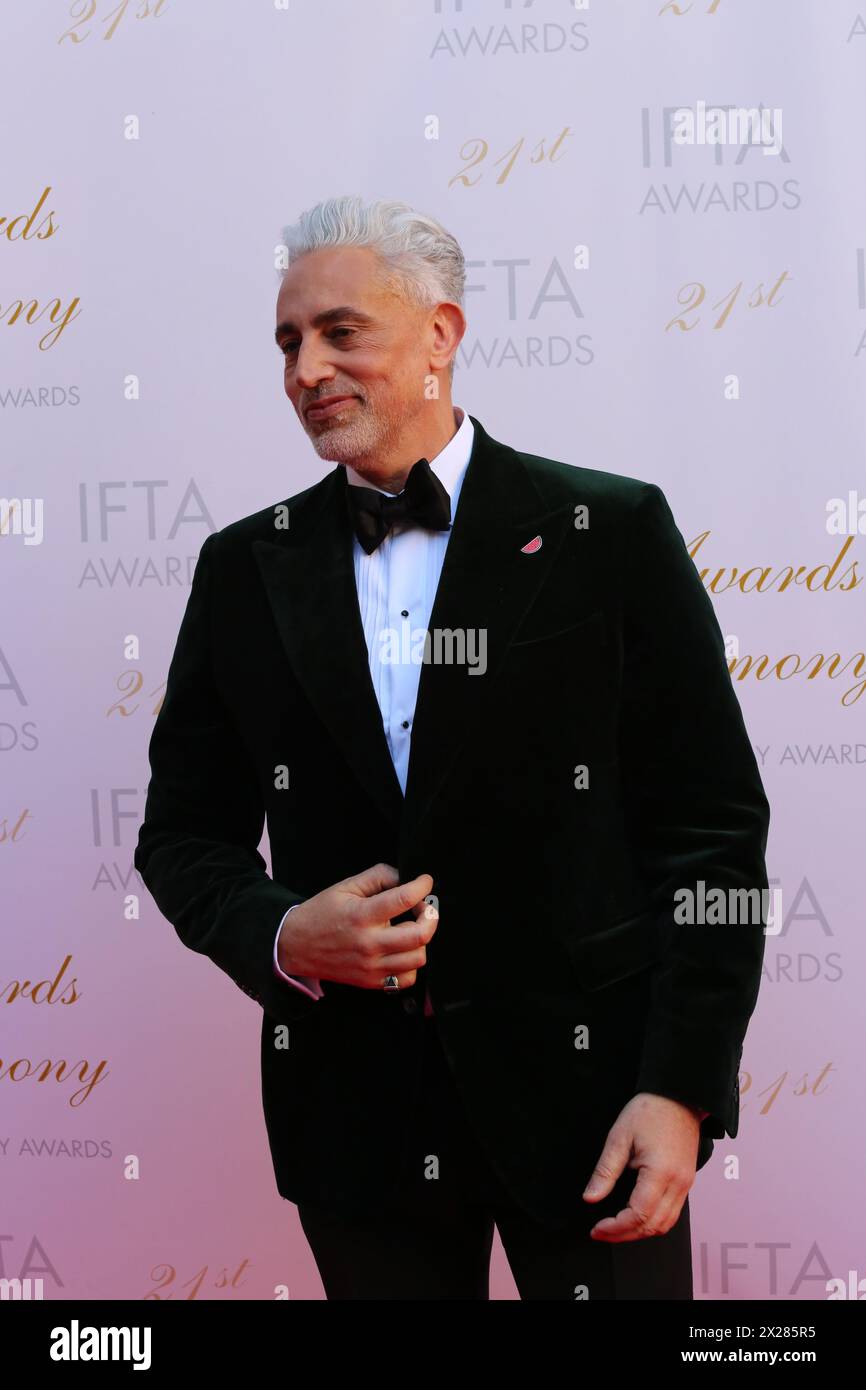 Dublin, Ireland. 20th April 2024.  Presenter for the awards ceremony Baz Ashmawy arriving on the red carpet at the Irish Film and Television Awards (IFTA), Dublin Royal Convention Centre. Credit: Doreen Kennedy/Alamy Live News. Stock Photo