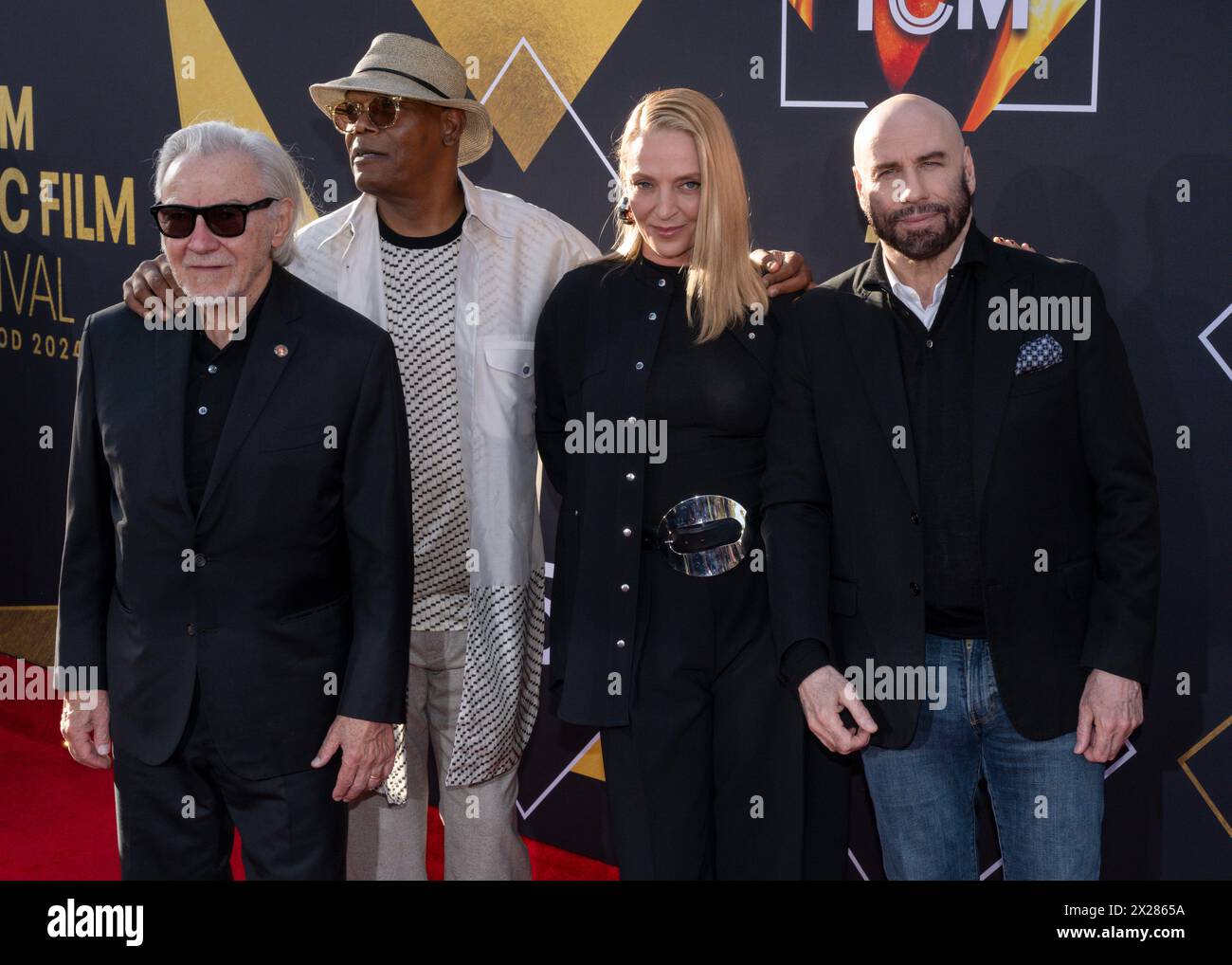 April 18, 2024, Hollywood, California, U.S.: Harvey Keitel, Samuel L. Jackson, Uma Thurman and John Travolta attend the 30th Anniversary Presentation of 'Pulp Fiction' as the Opening Night Film of the 2024 TCM Classic Film Festival. (Credit Image: © Billy Bennight/ZUMA Press Wire) EDITORIAL USAGE ONLY! Not for Commercial USAGE! Stock Photo