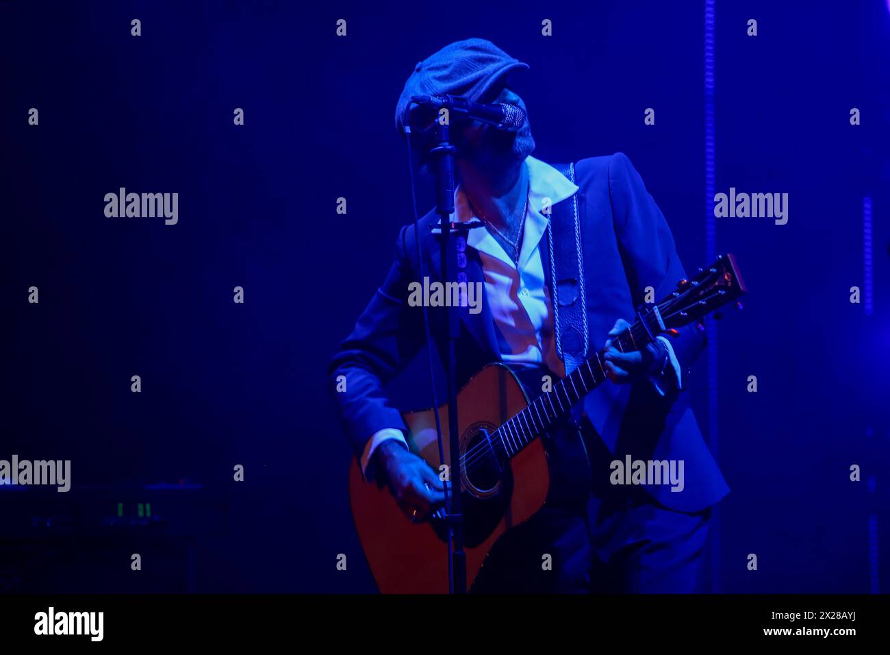 Gijón, Spain, April 20th, 2024: Singer and guitarist, Juancho Conejo singing during the Sidecars Concert at the Airplane Mode Theater Tour, on April 20, 2024, at the Teatro de La Laboral, in Gijón, Spain. Credit: Alberto Brevers / Alamy Live News. Stock Photo