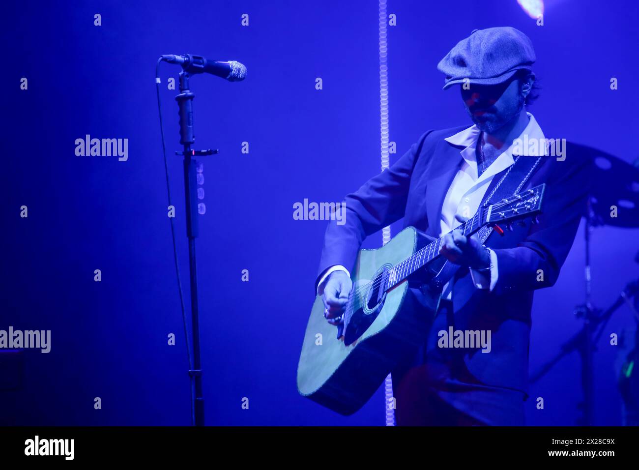 Gijón, Spain, April 20th, 2024: Singer and guitarist, Juancho Conejo singing during the Sidecars Concert at the Airplane Mode Theater Tour, on April 20, 2024, at the Teatro de La Laboral, in Gijón, Spain. Credit: Alberto Brevers / Alamy Live News. Stock Photo