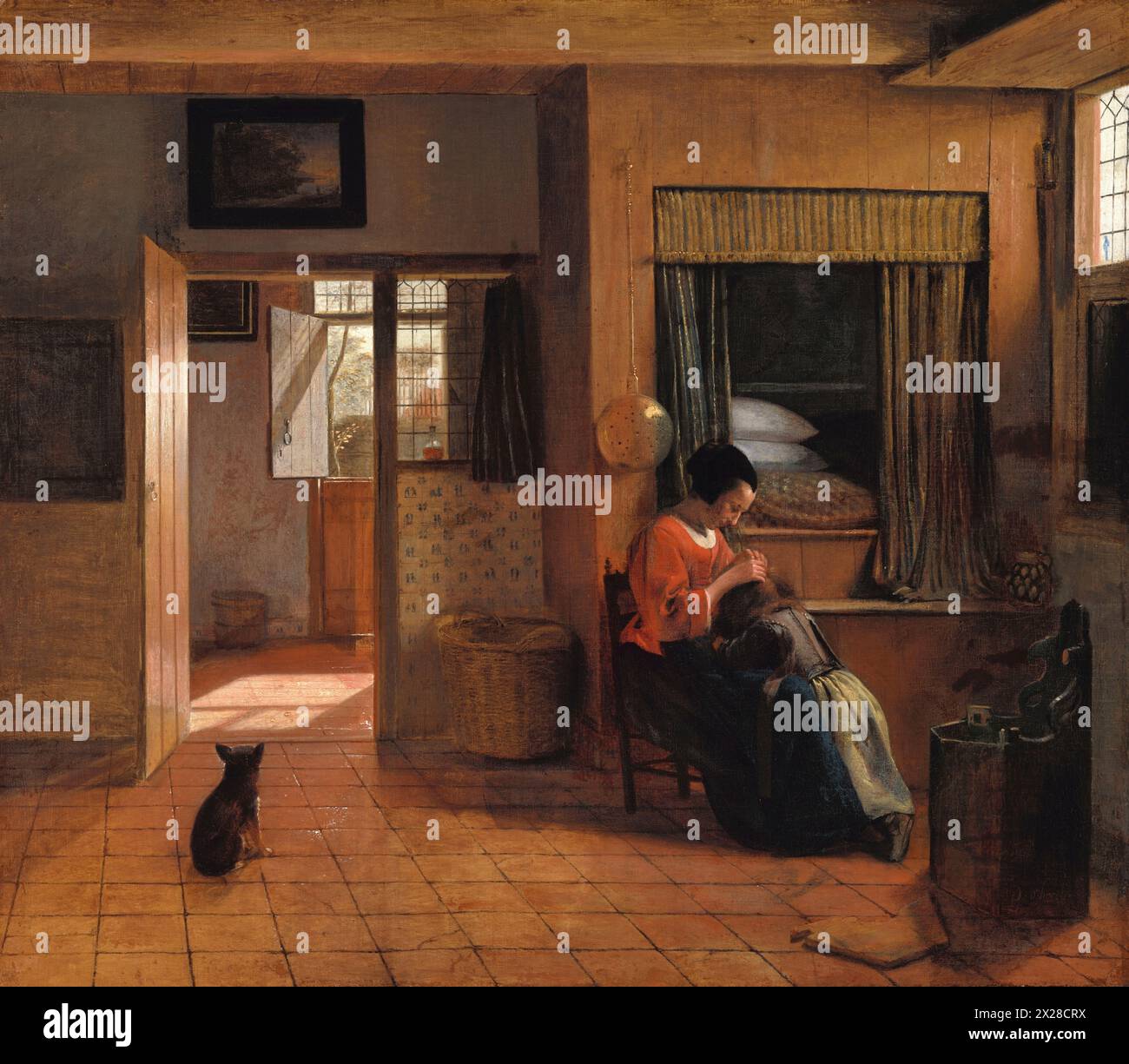 Painting of A Mother Delousing her Child’s Hair, Known as ‘A Mother’s Duty’, by Dutch painter Pieter de Hooch art artwork masterpiece Dutch golden age classic picture Stock Photo