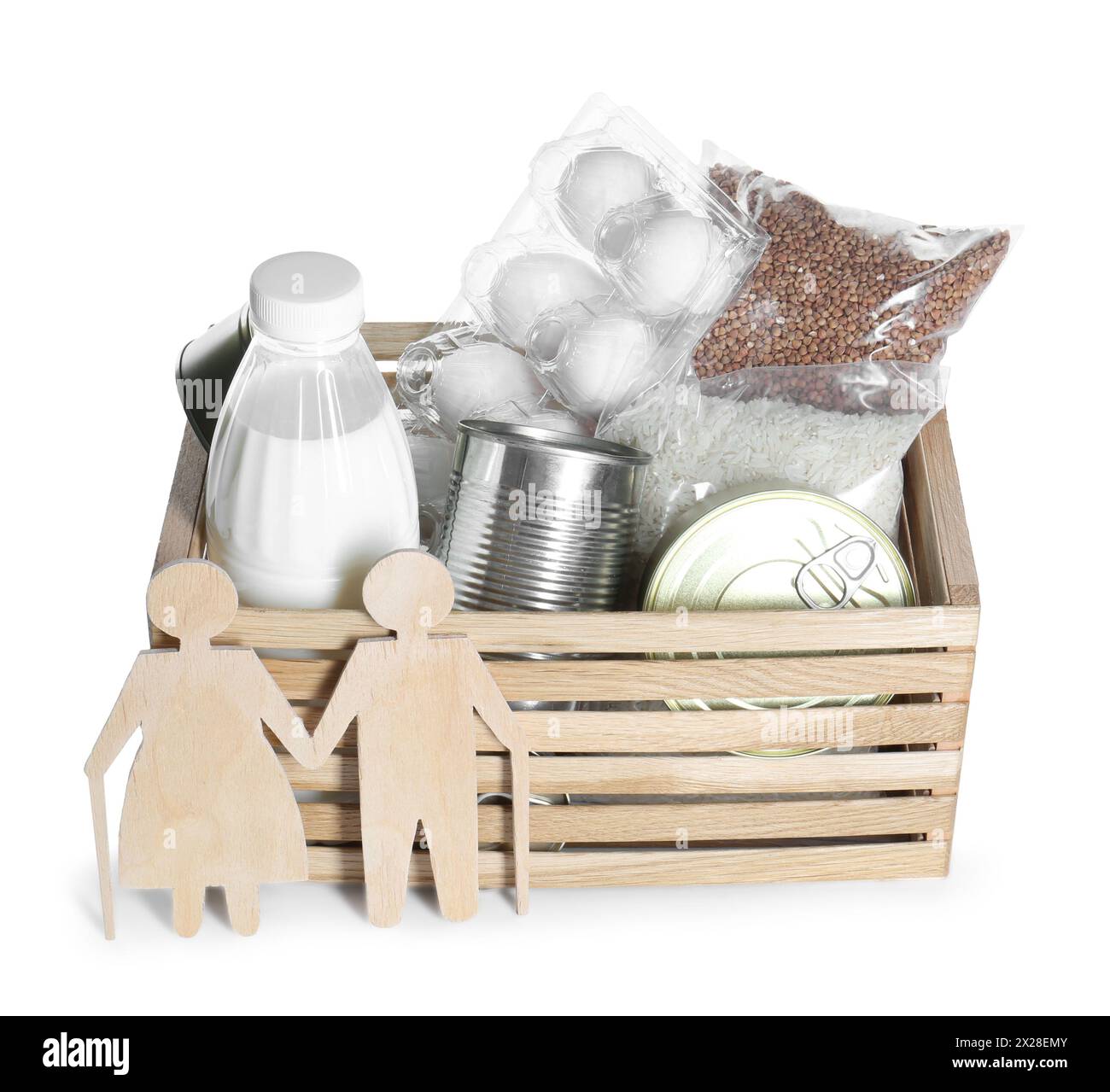 Humanitarian aid for elderly people. Donation box with food products