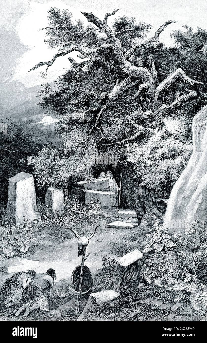 The early 1900s caption reads: 'DRUID WORSHIP OF ANCIENT GAUL.—The religion of Gaul—that is, of ancient France—was Druidism, a strange and mysterious creed of which little is now known. The Druids or priests kept themselves secluded from the common people, living in deep groves and only appearing at intervals, vaguely and in the distance. They offered up human sacrifices, slaying their victims on broad flat stones, and encouraged people to die by preaching the immortality of the soul.' Stock Photo