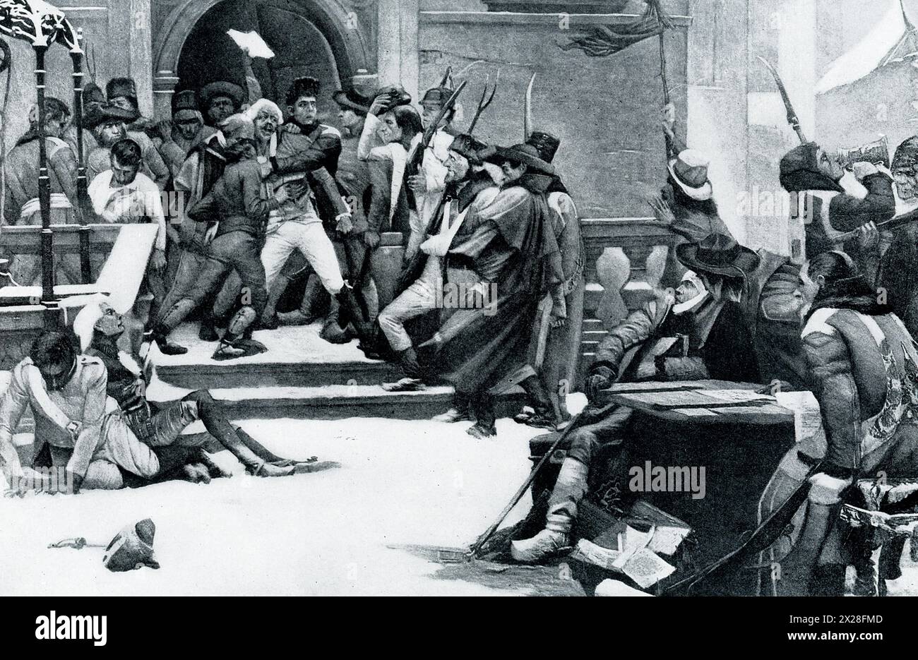 The early 1900s caption reads: 'BOHEMIAN INSURRECTION OF 1790.—The Bohemian peasants, or rather serfs, mere slaves of the nobles and terribly downtrodden, heard of the great French Revolution, learned that men were supposed to be equal, and so rose against their oppressors. Naturally their excesses were proportioned to the dense ignorance in which they had been kept, and terrible was the fate of the unfortunate nobles who fell into their hands. The insurgents were scarce human in their ferocity. Regular troops, however, found little difficulty in suppressing them.' Stock Photo