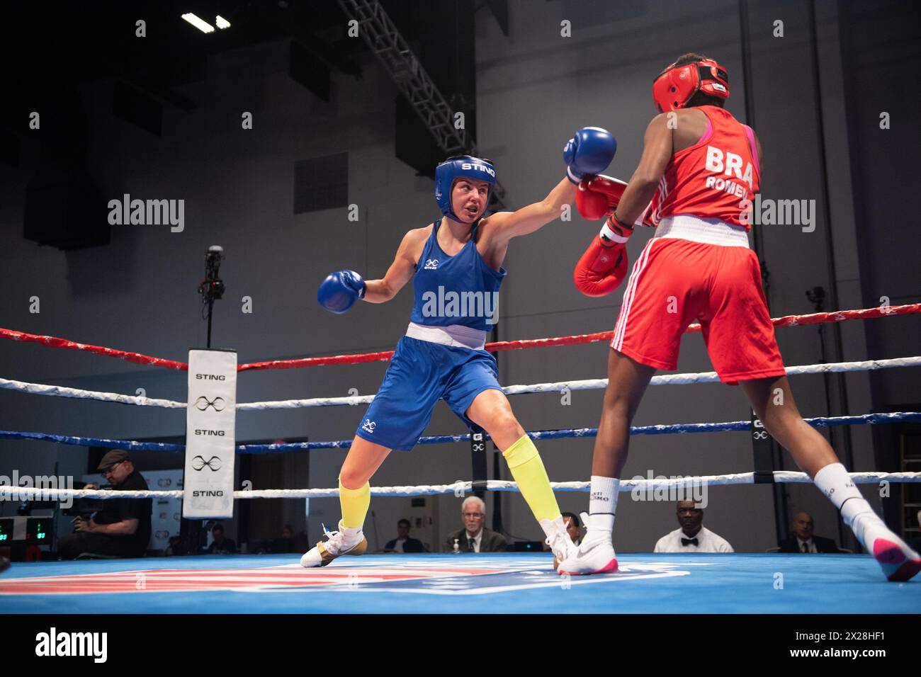 Pueblo, Colorado, USA. 20th Apr, 2024. Elise Glynn of Great Britain(Blue) defeats Jucielen Tomeu of Brazil) in the women's 57 kg championship fight. Credit: Casey B. Gibson/Alamy Live News Stock Photo