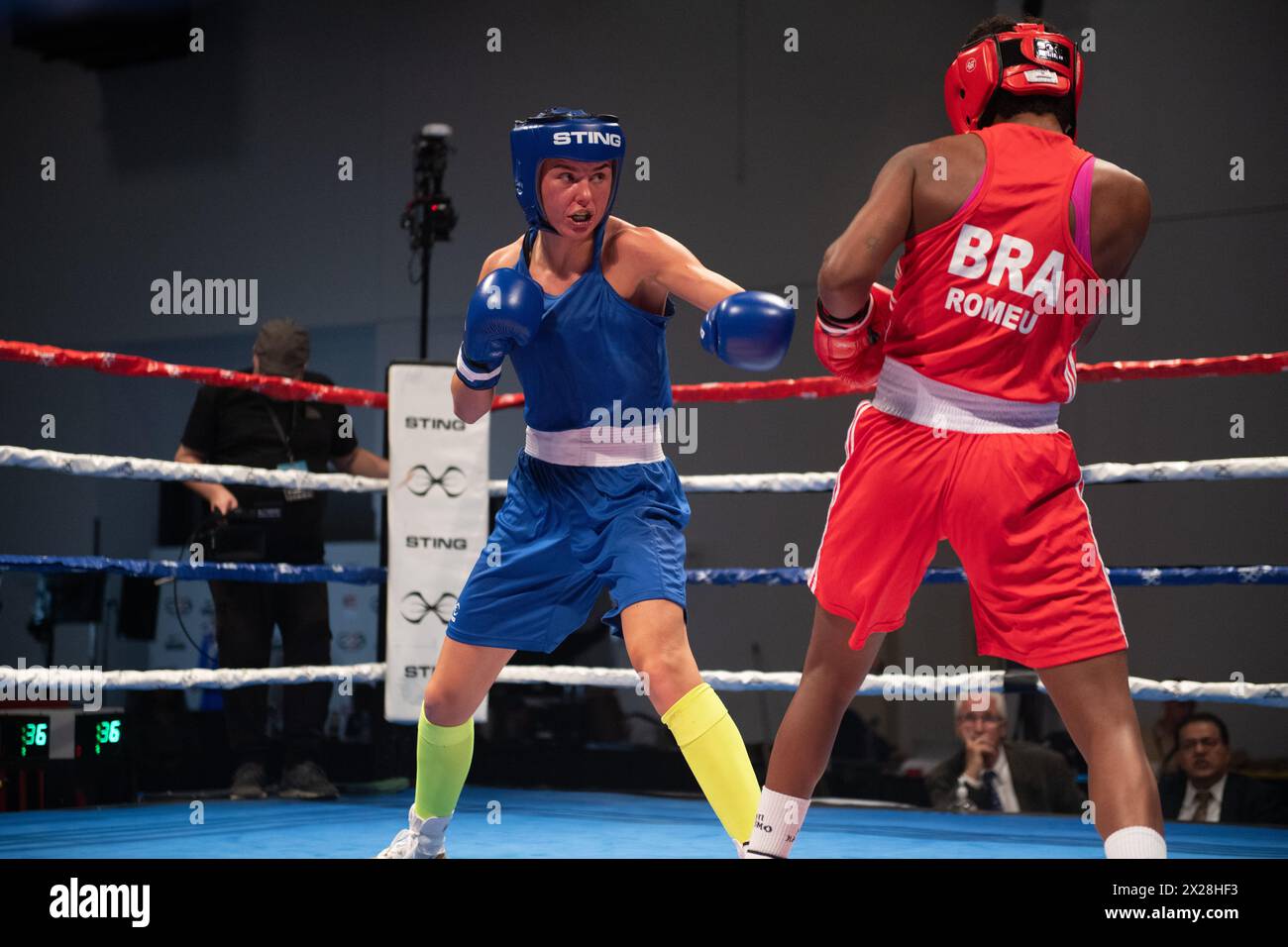 Pueblo, Colorado, USA. 20th Apr, 2024. Elise Glynn of Great Britain(Blue) defeats Jucielen Tomeu of Brazil) in the women's 57 kg championship fight. Credit: Casey B. Gibson/Alamy Live News Stock Photo
