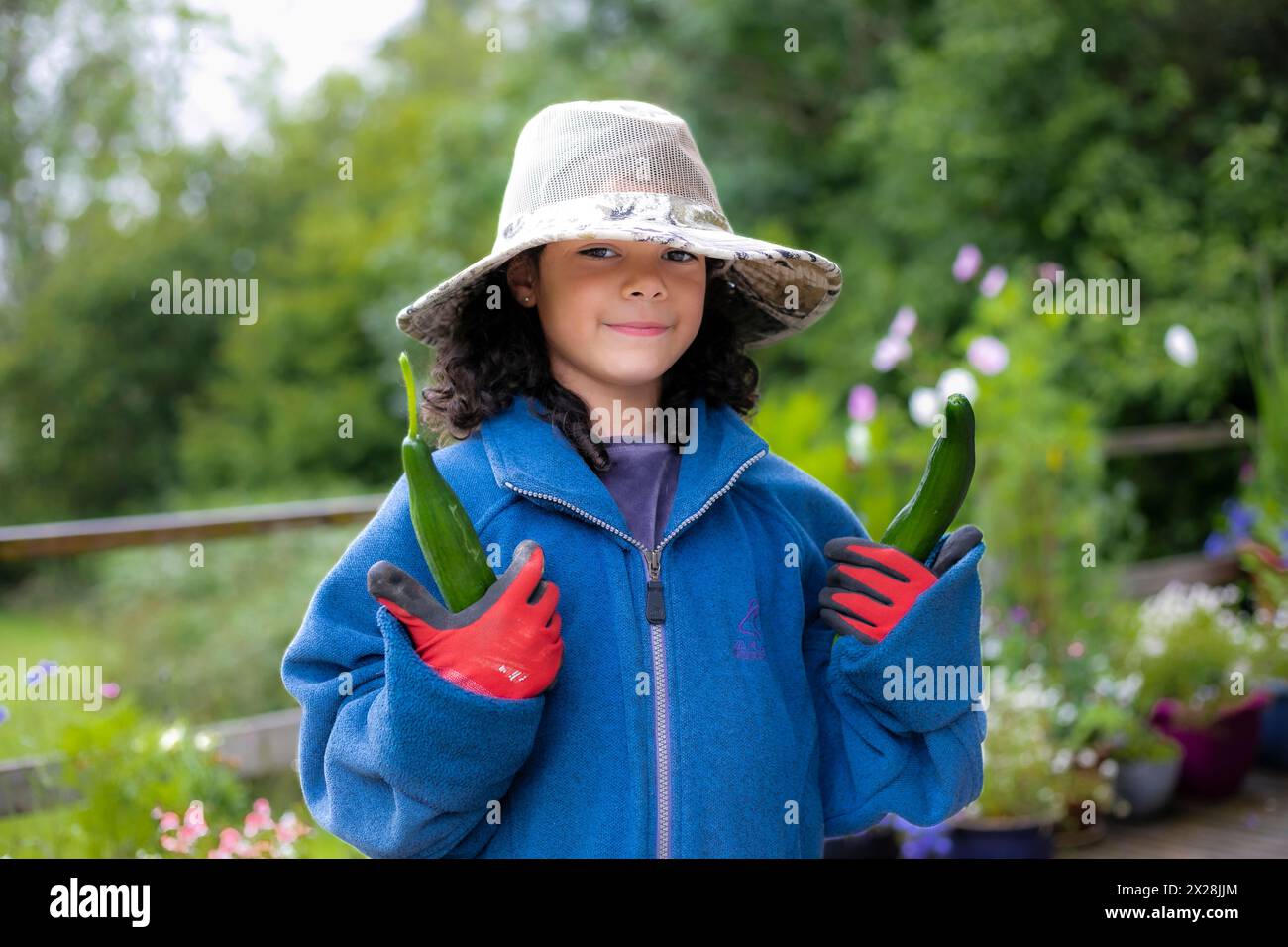 Young girl harvesting vegetables Stock Photo