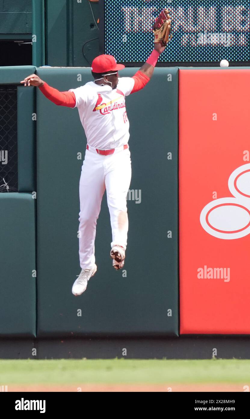St. Louis Cardinals right fielder Jordan Walker jumps as he watches a