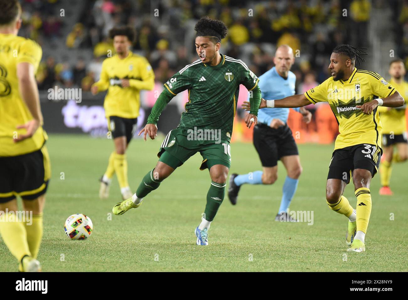 Columbus, Ohio, USA. 20th Apr, 2024. Portland Timbers midfielder Evander (10) handles the ball against the Columbus Crew in their match in Columbus, Ohio. Brent Clark/Cal Sport Media/Alamy Live News Stock Photo