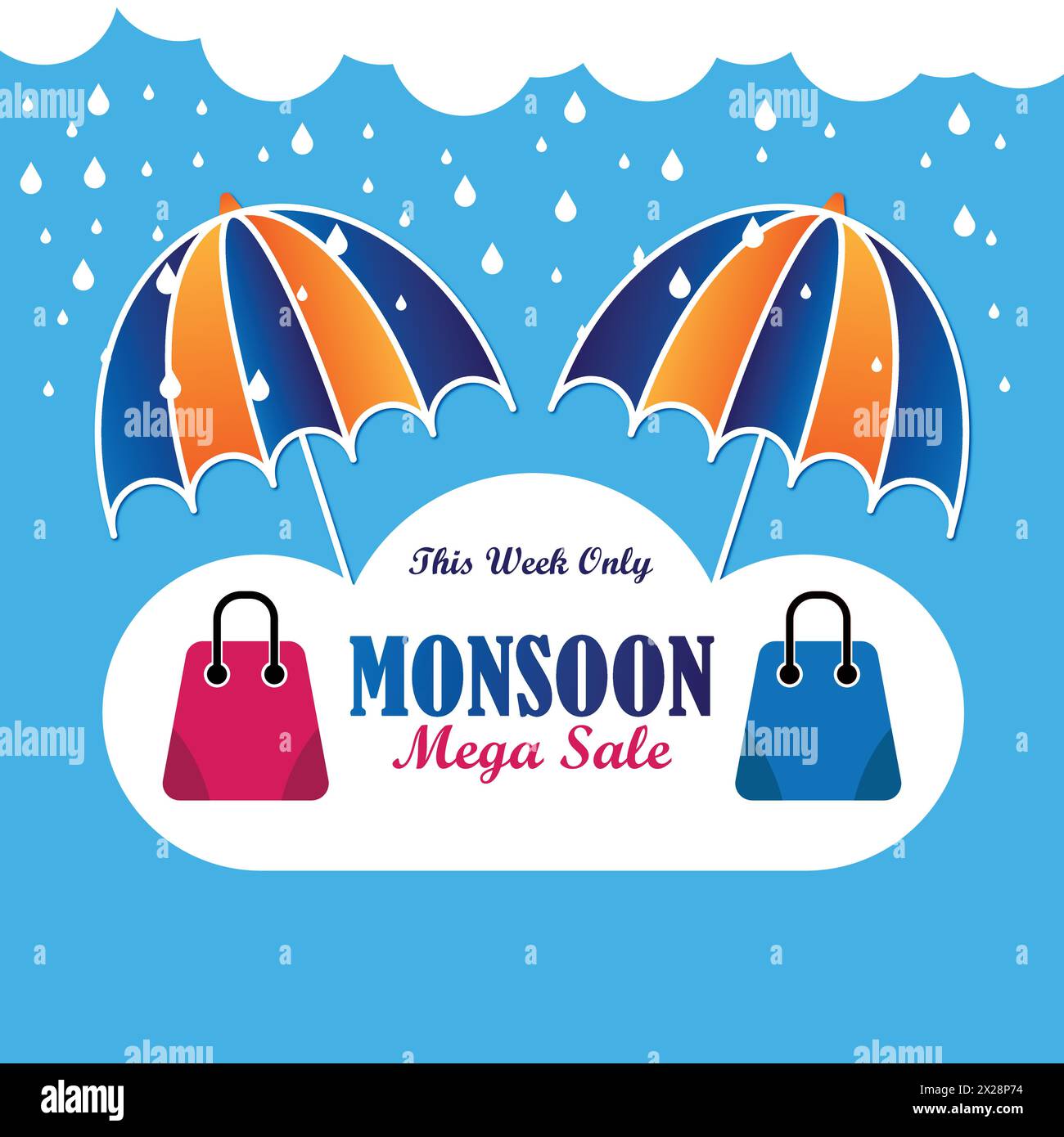 monsoon mega sale banner with rain background and umbrella and shopping bags. Vector illustration. Stock Vector