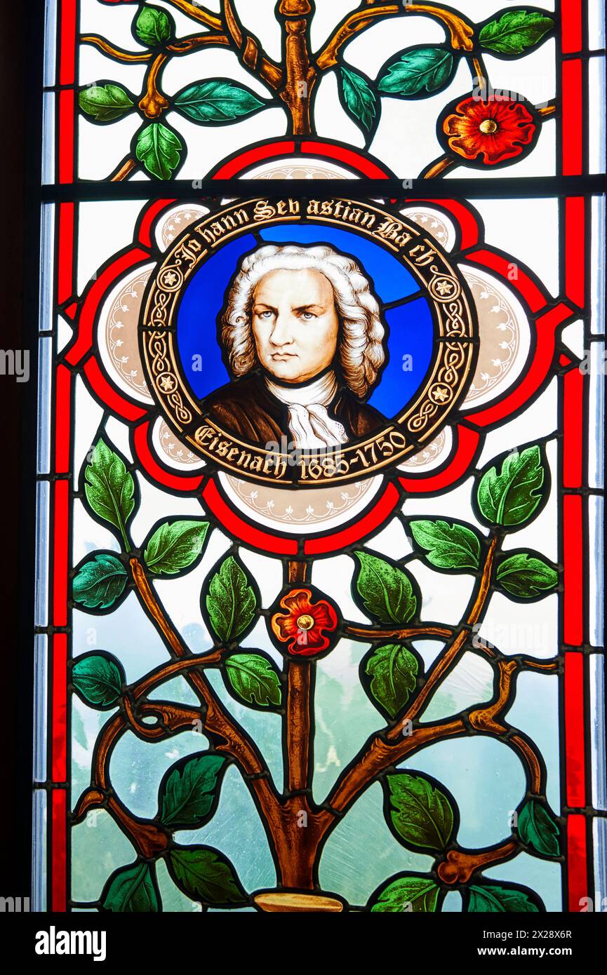 Stained glass portrait of Johann Sebastian Bach in the interior of Drachenfels castle Stock Photo