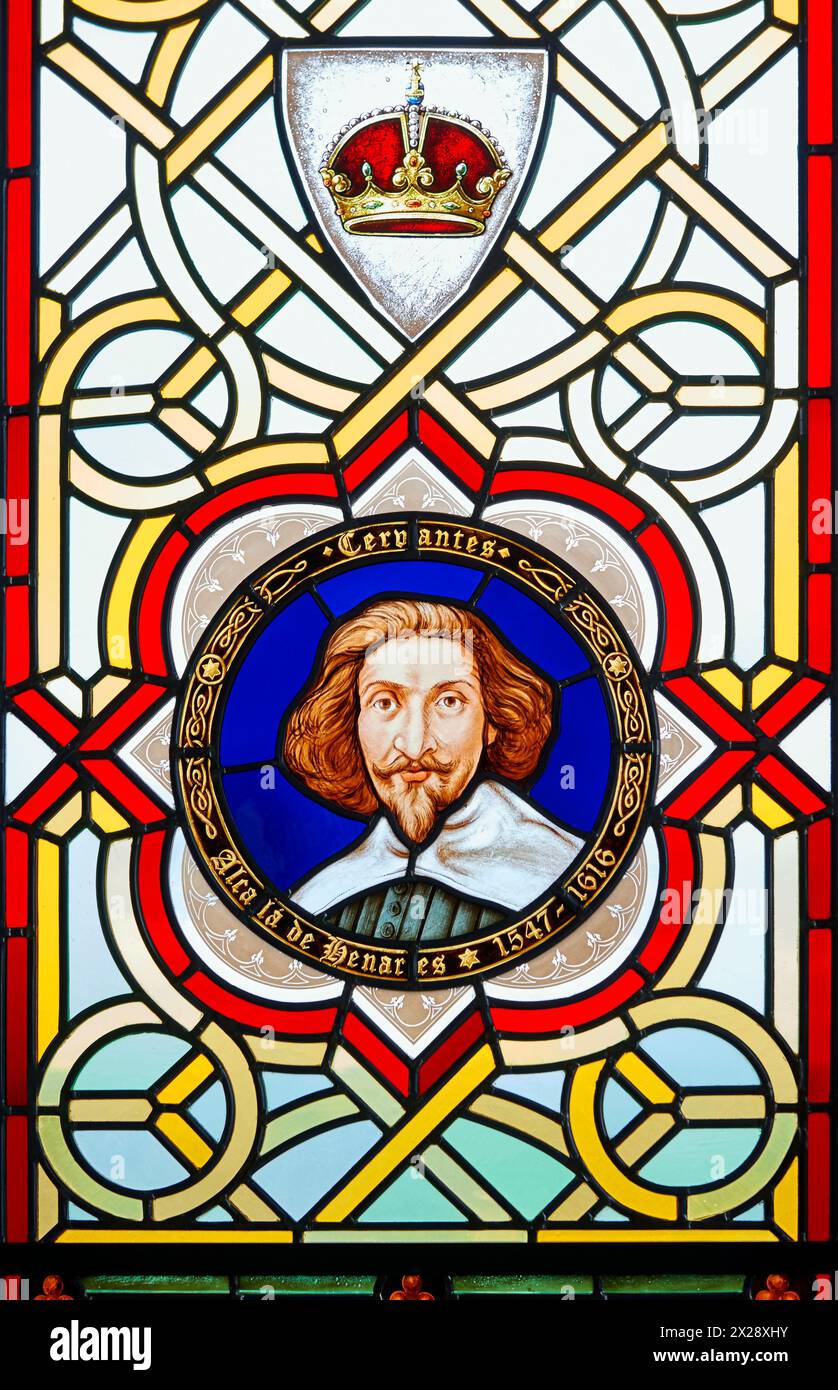 Stained glass portrait of Miguel de Cervantes in the interior of Drachenfels castle Stock Photo