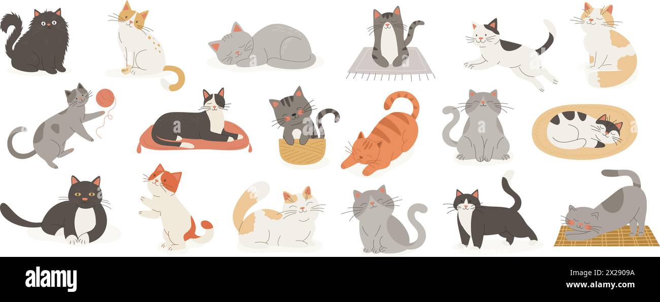 Adorable Cartoon Cats Collection. Flat Color Vector Cat Icon Set in Different Poses - Sleeping, Stretching, Playing, Sitting. Funny and Cute Pet Stock Vector
