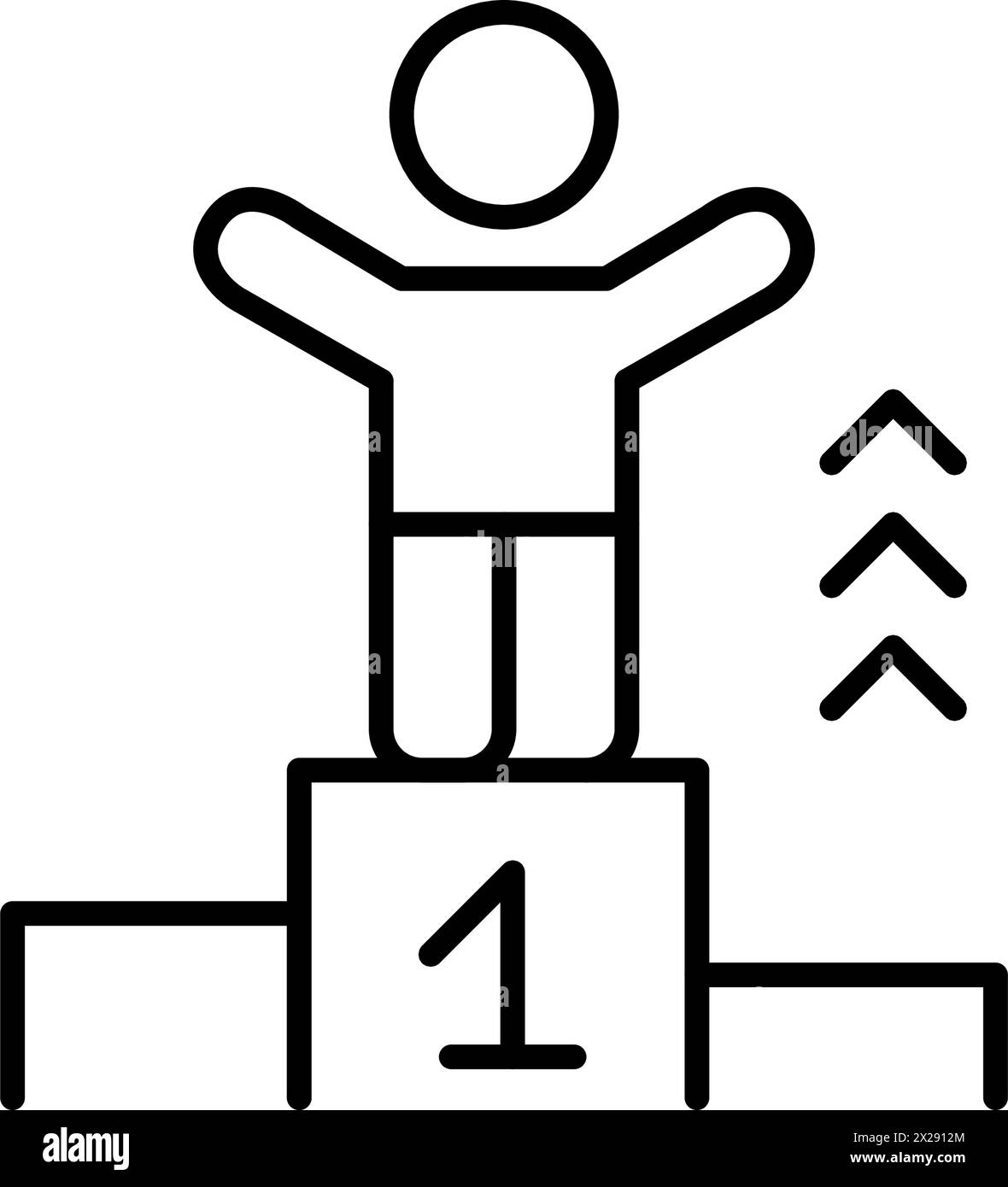 Person with arms raised on podium celebrating victory and personal growth. Pixel perfect vector icon Stock Vector