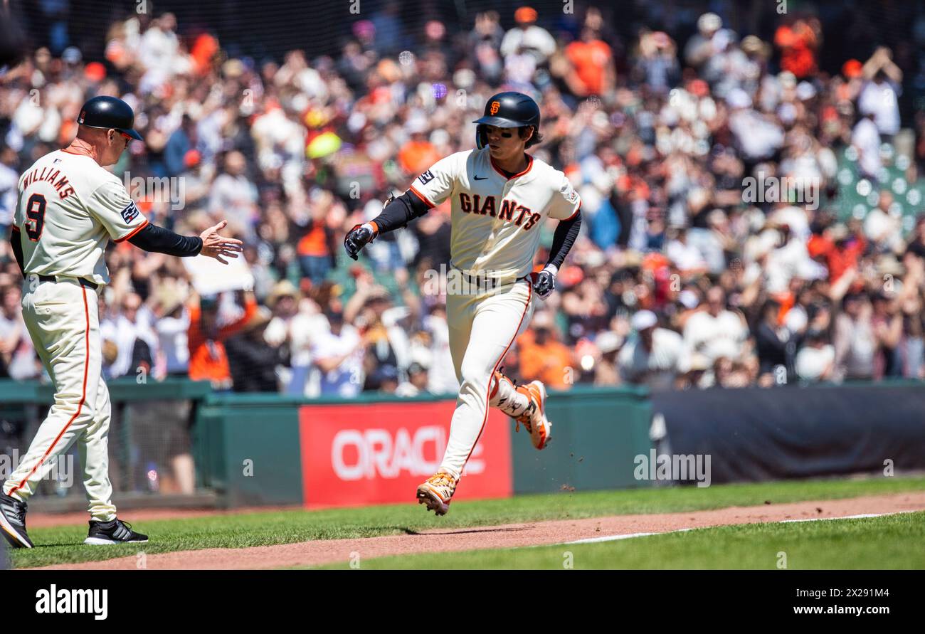 San Francisco CA, U.S.A.April 20 2024 San Francisco CA, U.S.A. CAPTION CORRECTION: San Francisco outfielder Jung Hoo Lee (51) hits a home run during the MLB NL west game between the Arizona Diamondbacks and the San Francisco Giants. giants beat Arizona 7-3 at Oracle Park San Francisco Calif. Thurman James/CSM Credit: Cal Sport Media/Alamy Live News Stock Photo