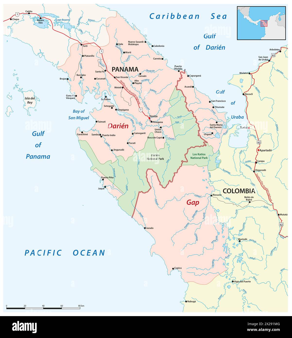 Map of the darien gap region between panama and colombia stock photo