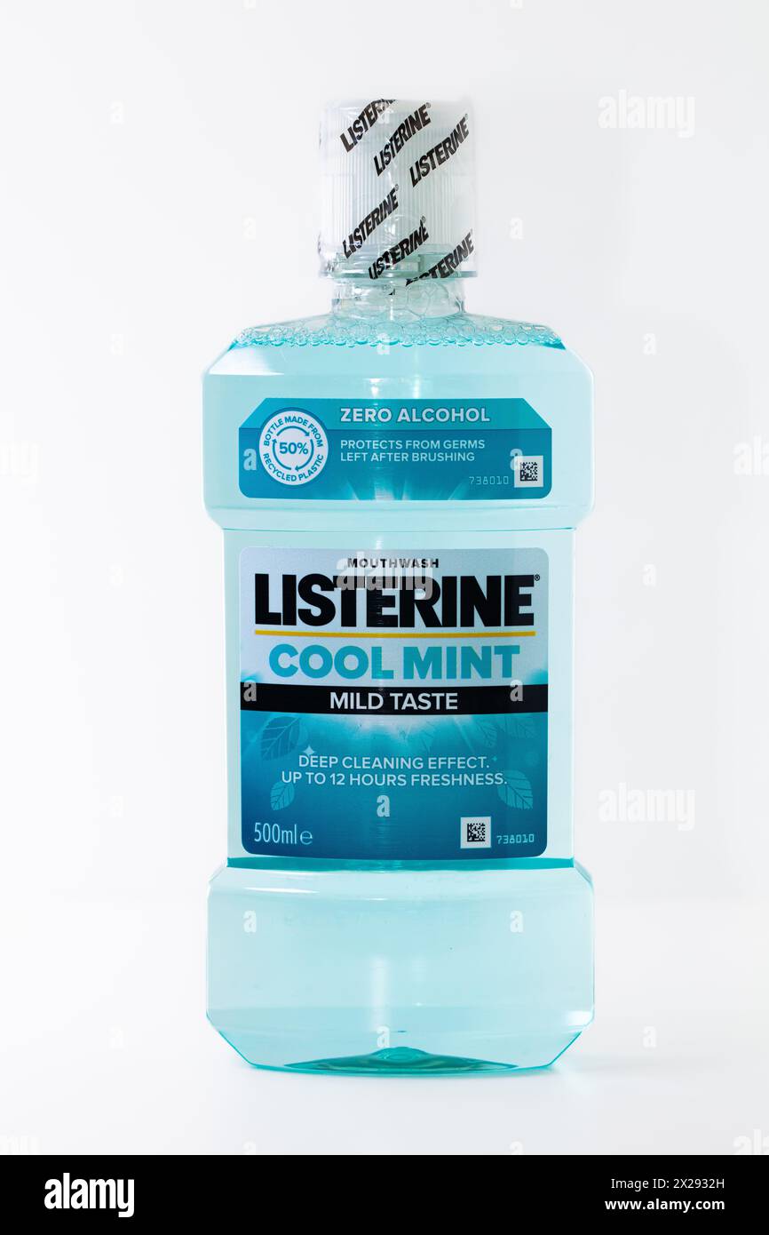 Lviv, Ukraine - April 18, 2024: Listerine Cool Mint Mouthwash with deep cleansing effect Stock Photo