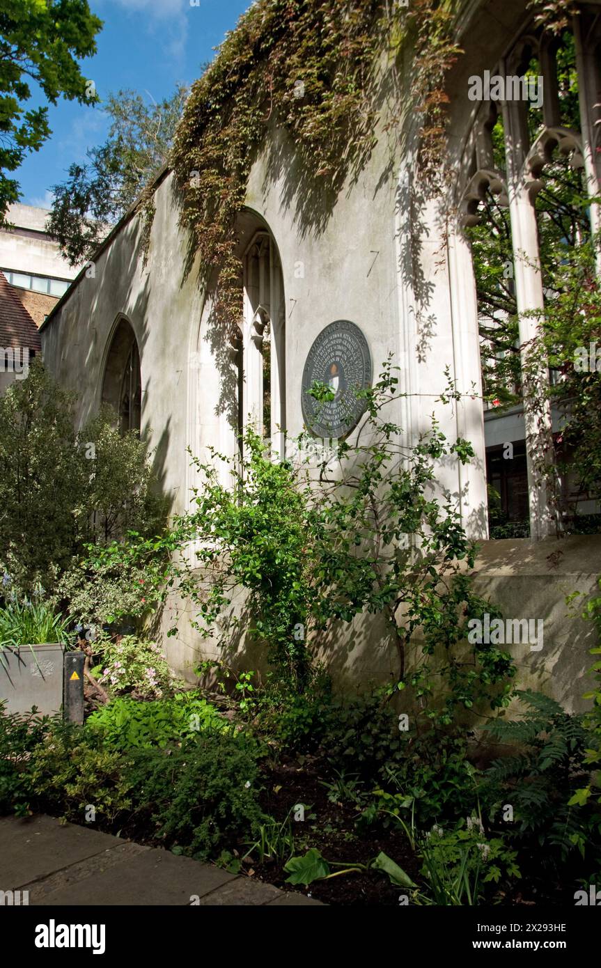 Damaged walls, window, plants and garden, St Dunstan in the East, City of London, UK.  There have been many churches here, the last being built by Sir Stock Photo