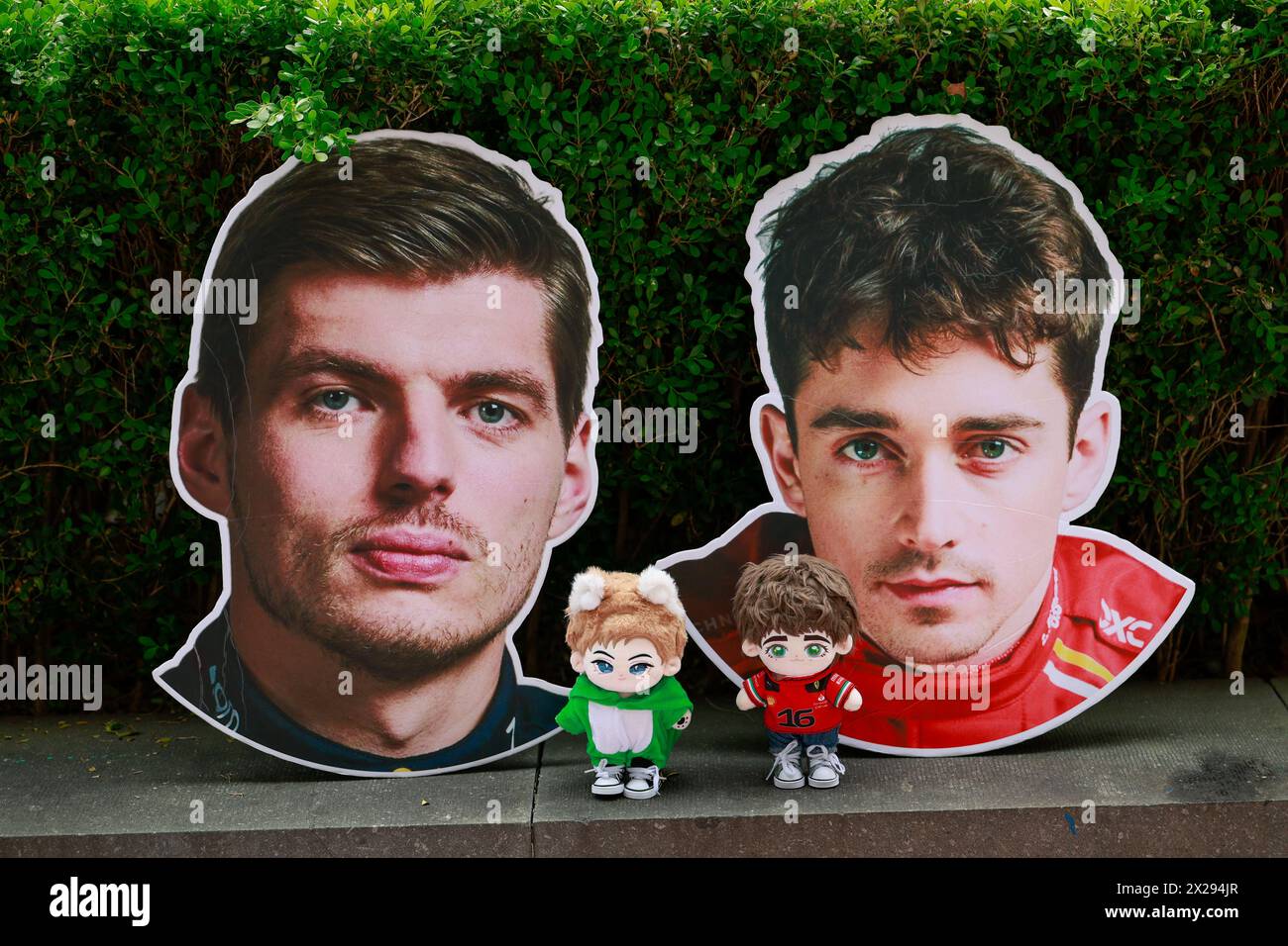Face sticker of VERSTAPPEN Max (ned), Red Bull Racing RB20, portrait and LECLERC Charles (mco), Scuderia Ferrari SF-24, portrait during the Formula 1 Lenovo Chinese Grand Prix 2024, 5th round of the 2024 Formula One World Championship from April 19 to 21, 2024 on the Shanghai International Circuit, in Shanghai, China Stock Photo
