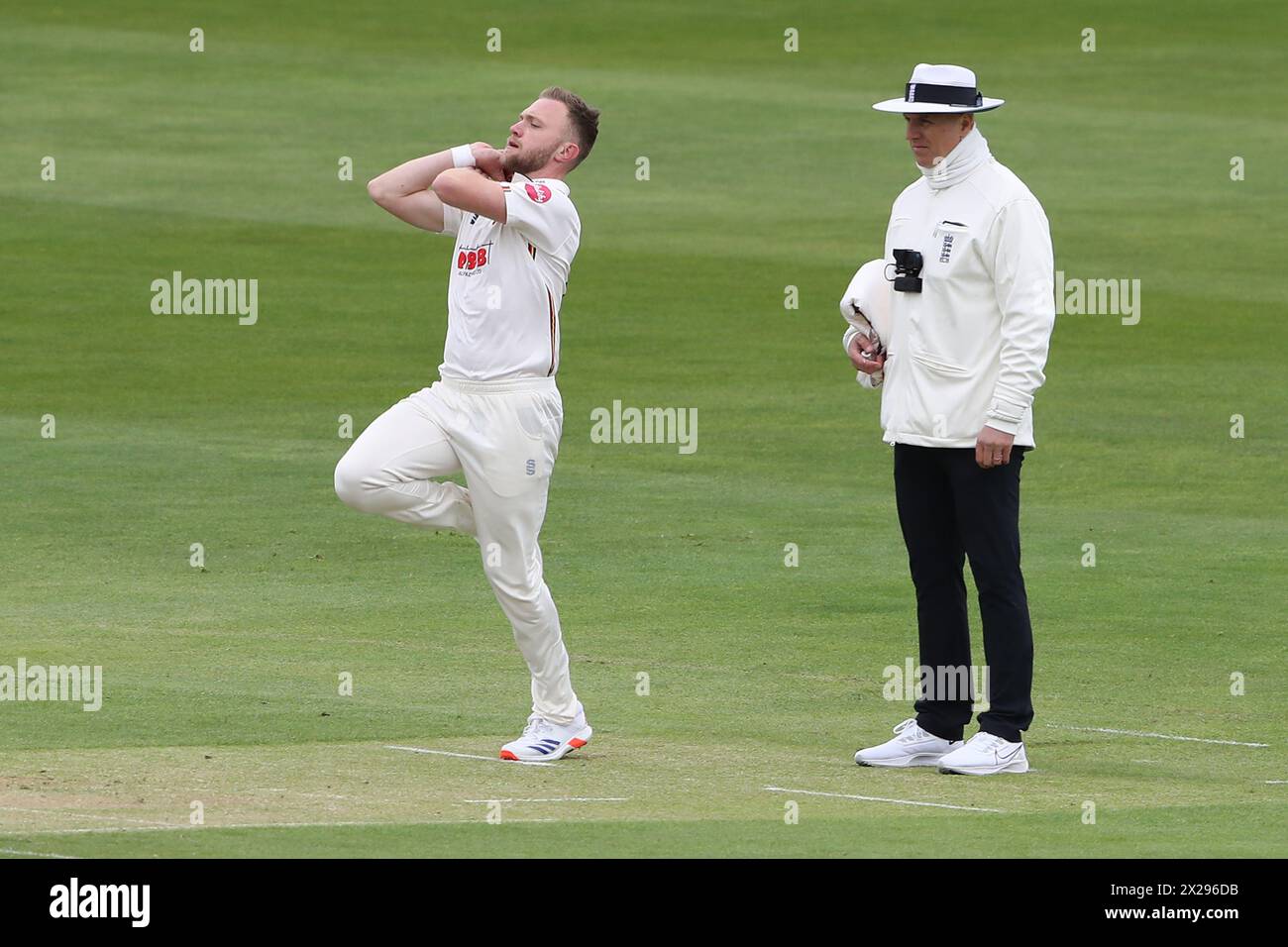 Sam Cook in bowling action for Essex during Essex CCC vs Lancashire CCC, Vitality County Championship Division 1 Cricket at The Cloud County Ground on Stock Photo