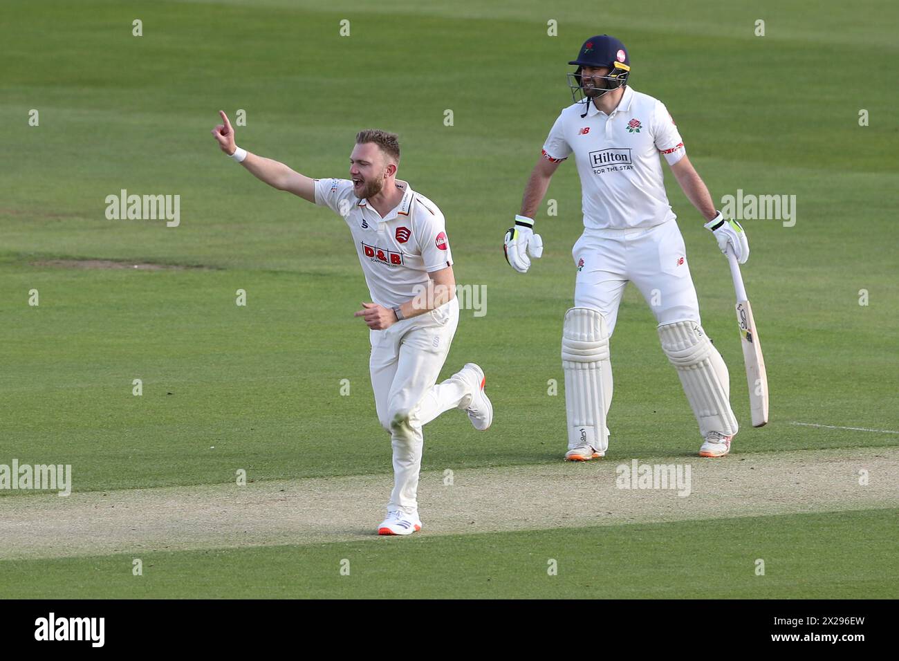 Sam Cook of Essex celebrates taking the wicket of Matty Hurst during Essex CCC vs Lancashire CCC, Vitality County Championship Division 1 Cricket at T Stock Photo