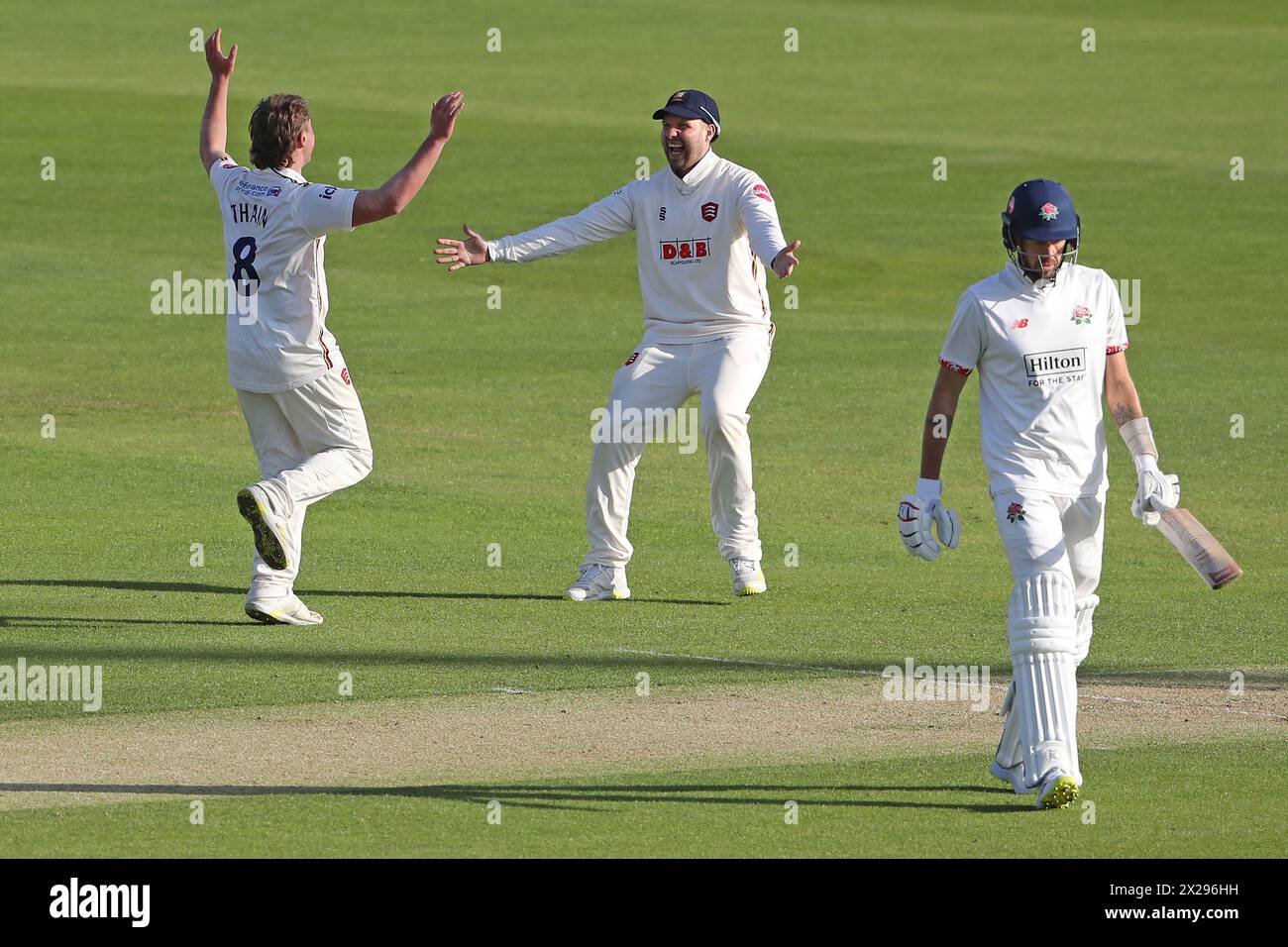 Noah Thain of Essex celebrates with his team mates after taking the wicket of Tom Bailey during Essex CCC vs Lancashire CCC, Vitality County Champions Stock Photo