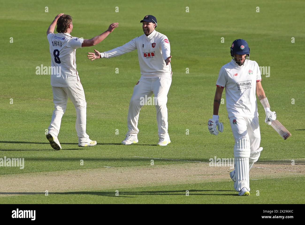 Noah Thain of Essex celebrates with his team mates after taking the wicket of Tom Bailey during Essex CCC vs Lancashire CCC, Vitality County Champions Stock Photo