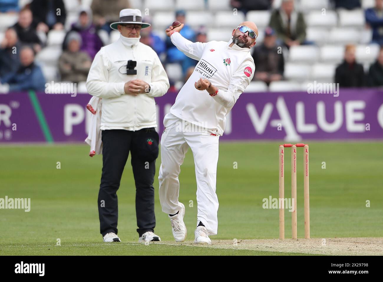 Nathan Lyon in bowling action for Lancashire during Essex CCC vs Lancashire CCC, Vitality County Championship Division 1 Cricket at The Cloud County G Stock Photo