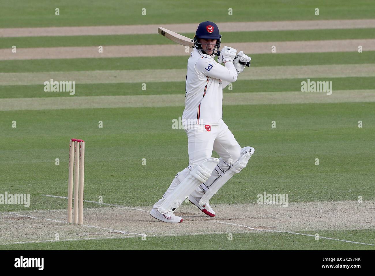 Noah Thain in batting action for Essex during Essex CCC vs Lancashire CCC, Vitality County Championship Division 1 Cricket at The Cloud County Ground Stock Photo