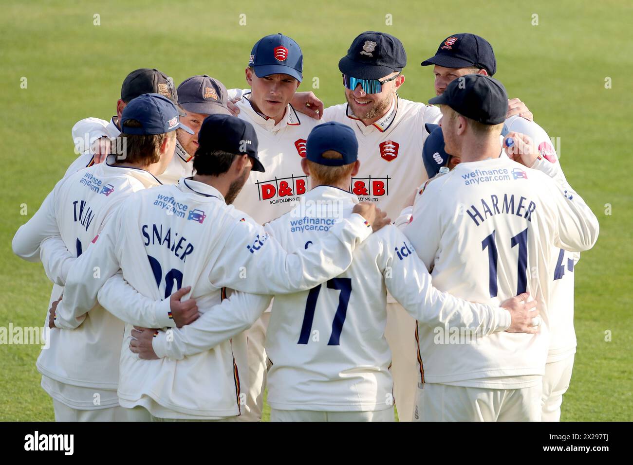 Essex players huddle during Essex CCC vs Lancashire CCC, Vitality County Championship Division 1 Cricket at The Cloud County Ground on 20th April 2024 Stock Photo