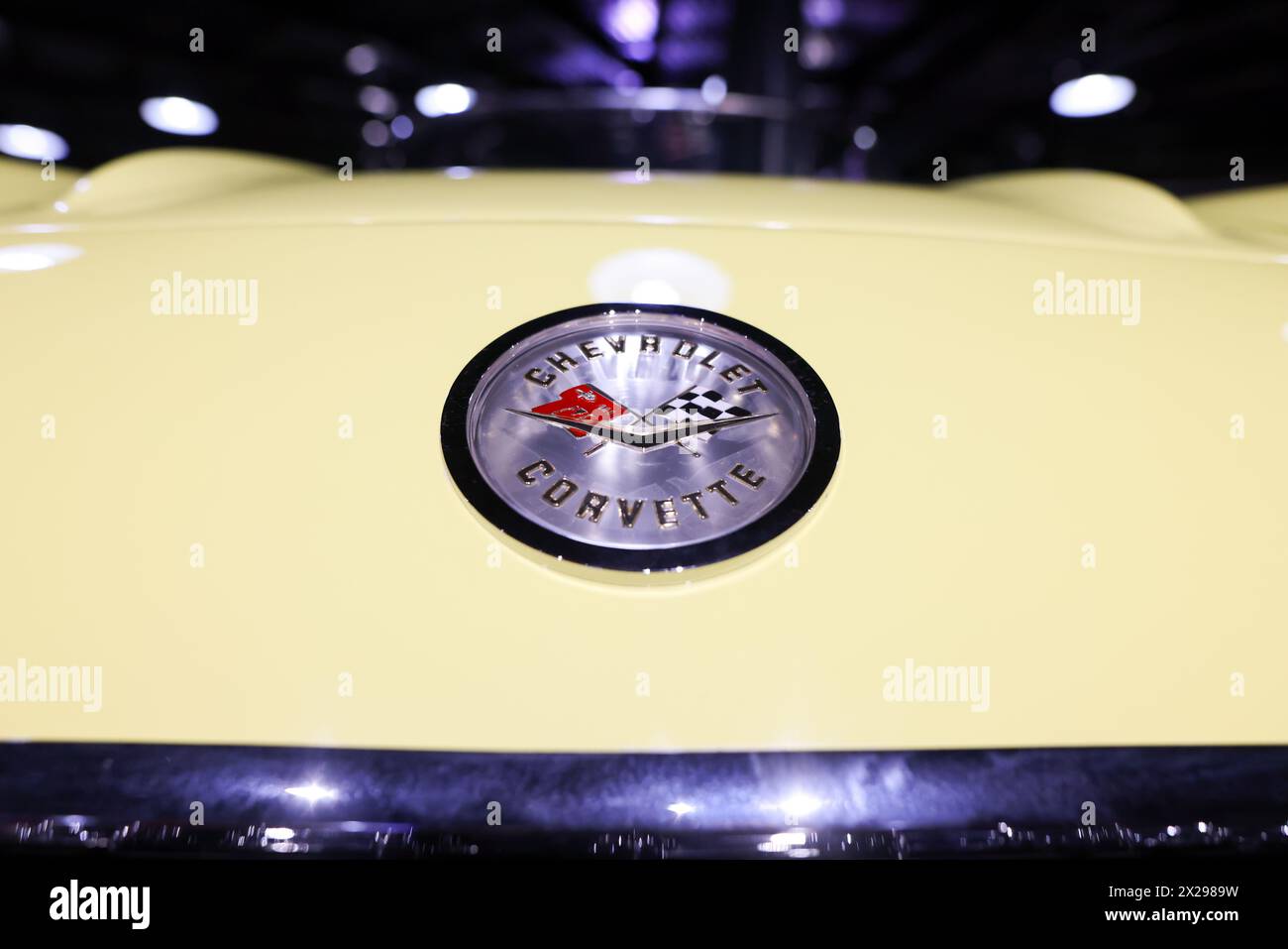 Bucharest, Romania - April 21, 2024: Details with the front part and emblem of a retro Chevrolet Corvette car Stock Photo