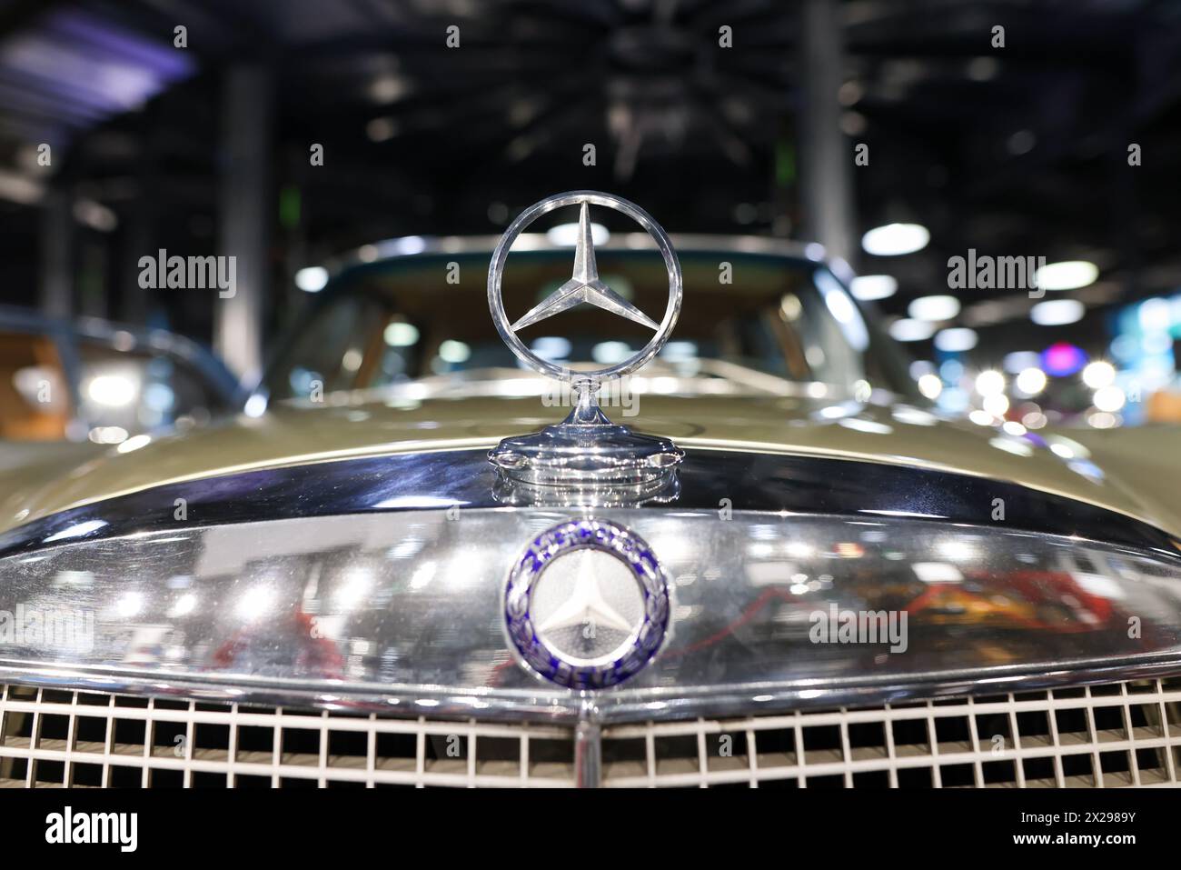 Bucharest, Romania - April 21, 2024: Details with the front part and emblem of a retro Mercedes luxury car. Stock Photo
