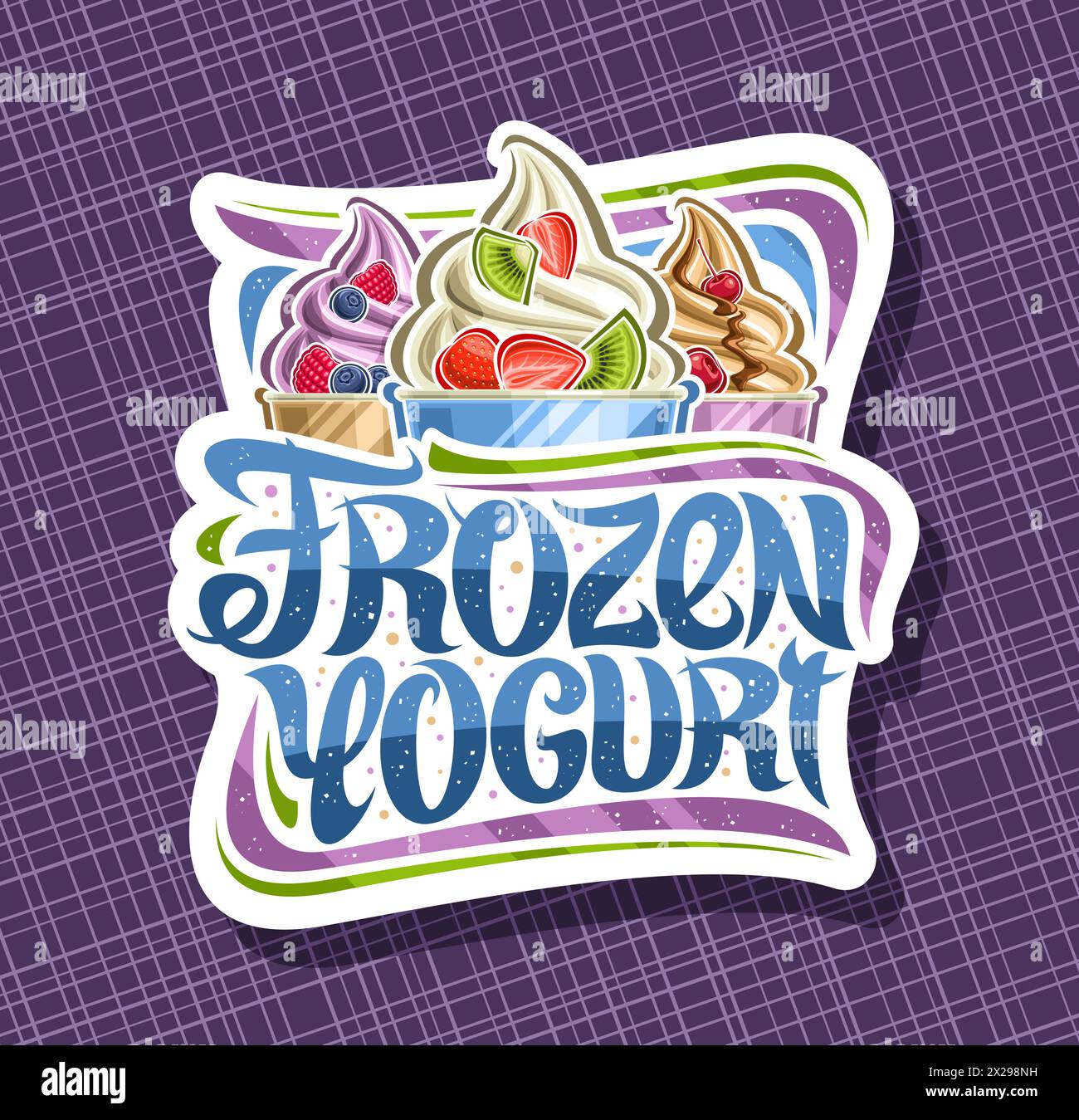 Vector logo for Frozen Yogurt, decorative cut paper signboard with illustration of three variety colorful ice creams with fresh fruits slices in carto Stock Vector