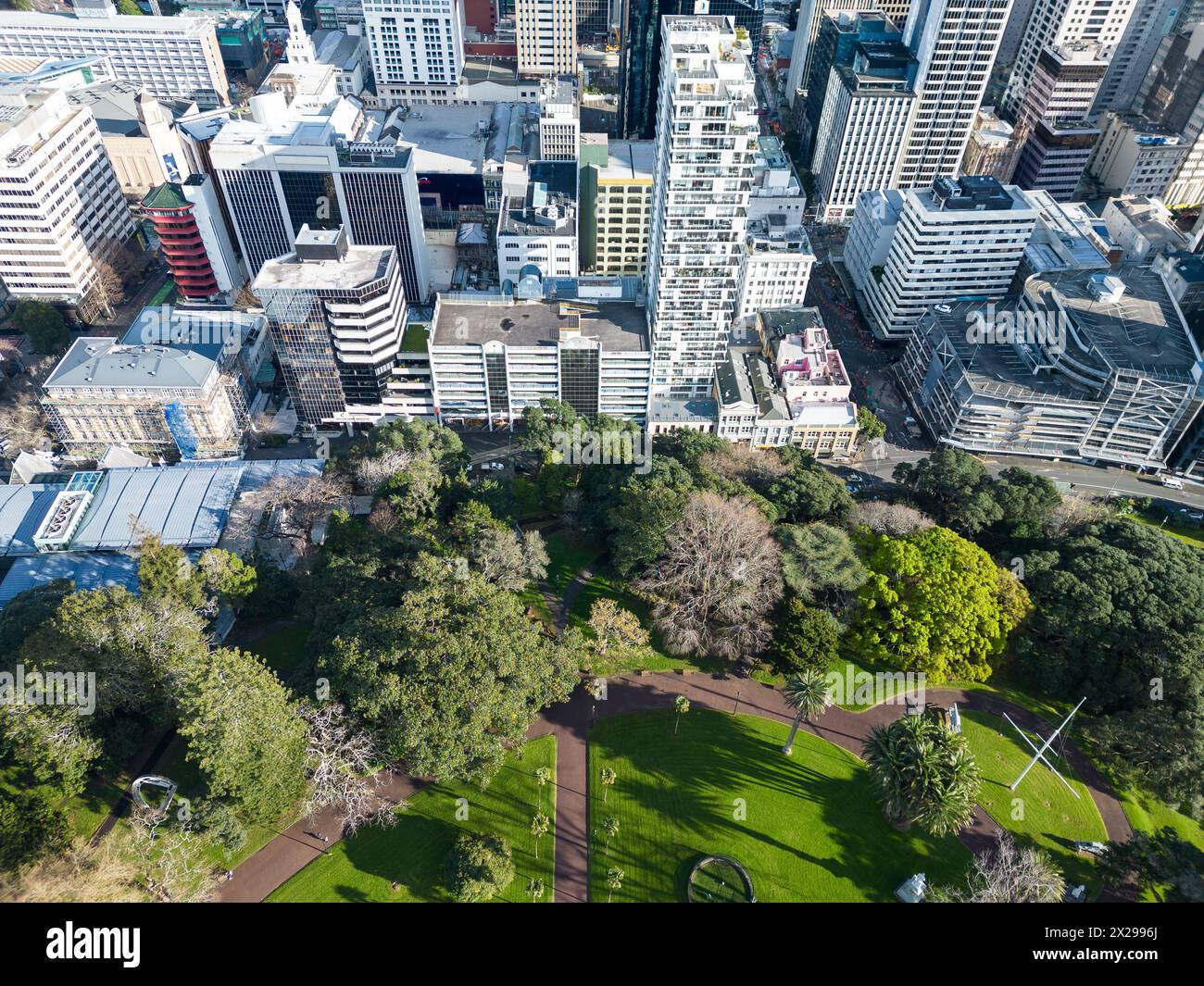 Auckland, New Zealand: Aerial view of Auckland downtown district skyline and the Albert park in New Zealand largest city Stock Photo