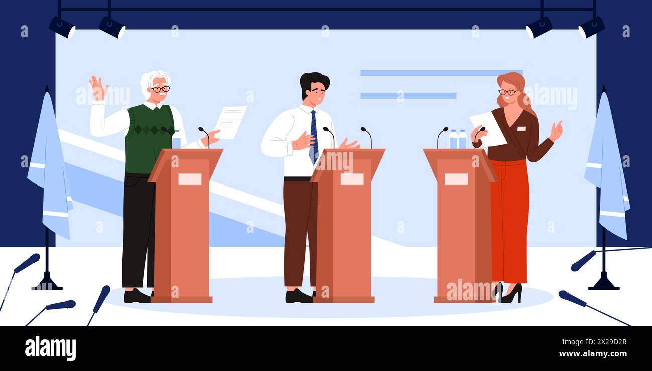 Political debates of leaders on podiums, election campaign and politics. Female and male politicians standing at rostrums with microphones, speakers meeting for discussion cartoon vector illustration Stock Vector