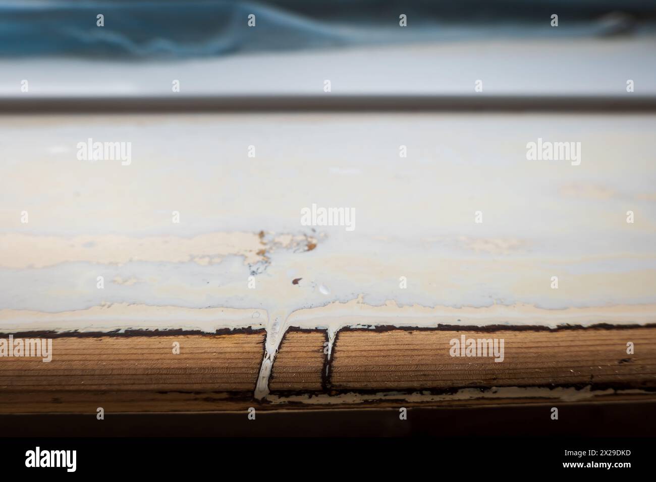 sanded wooden window board closeup during home renovation. Stock Photo