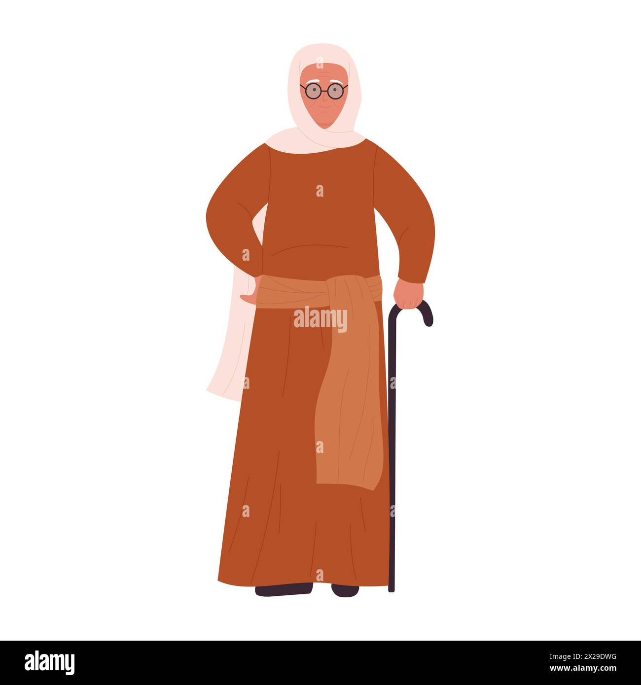 Elderly Muslim grandmother in traditional clothes with cane, senior woman standing vector illustration Stock Vector