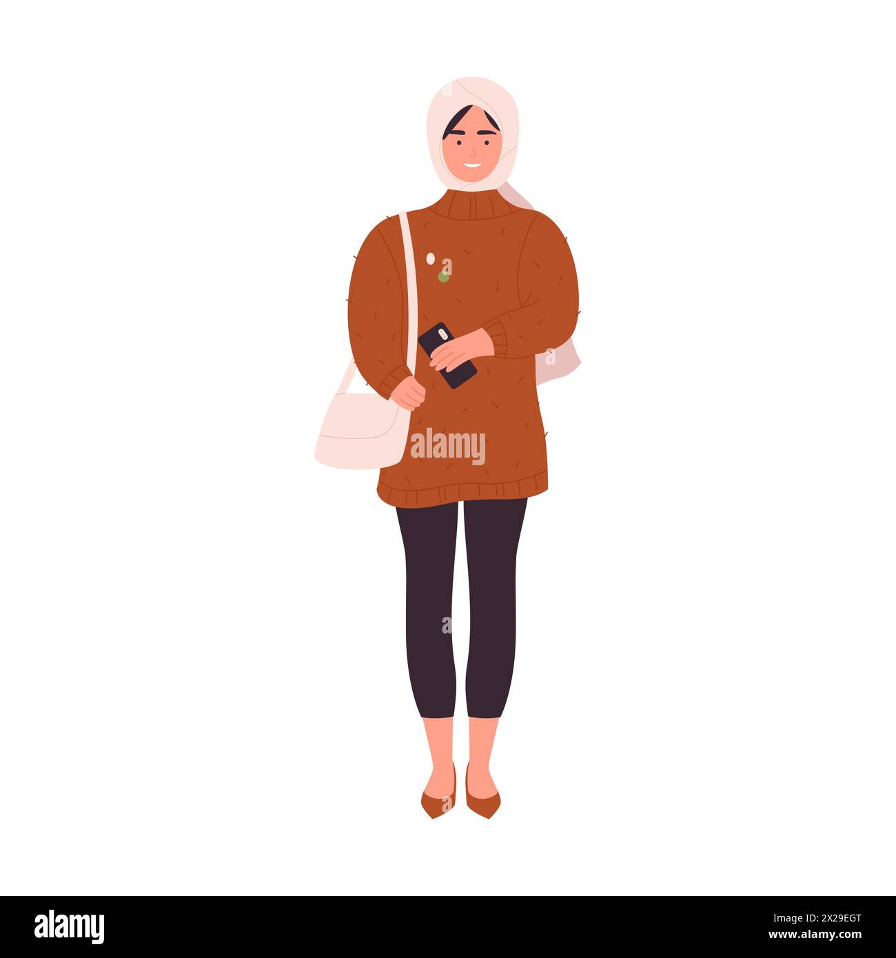 Muslim girl in hijab and modern outfit standing with bag and mobile phone vector illustration Stock Vector