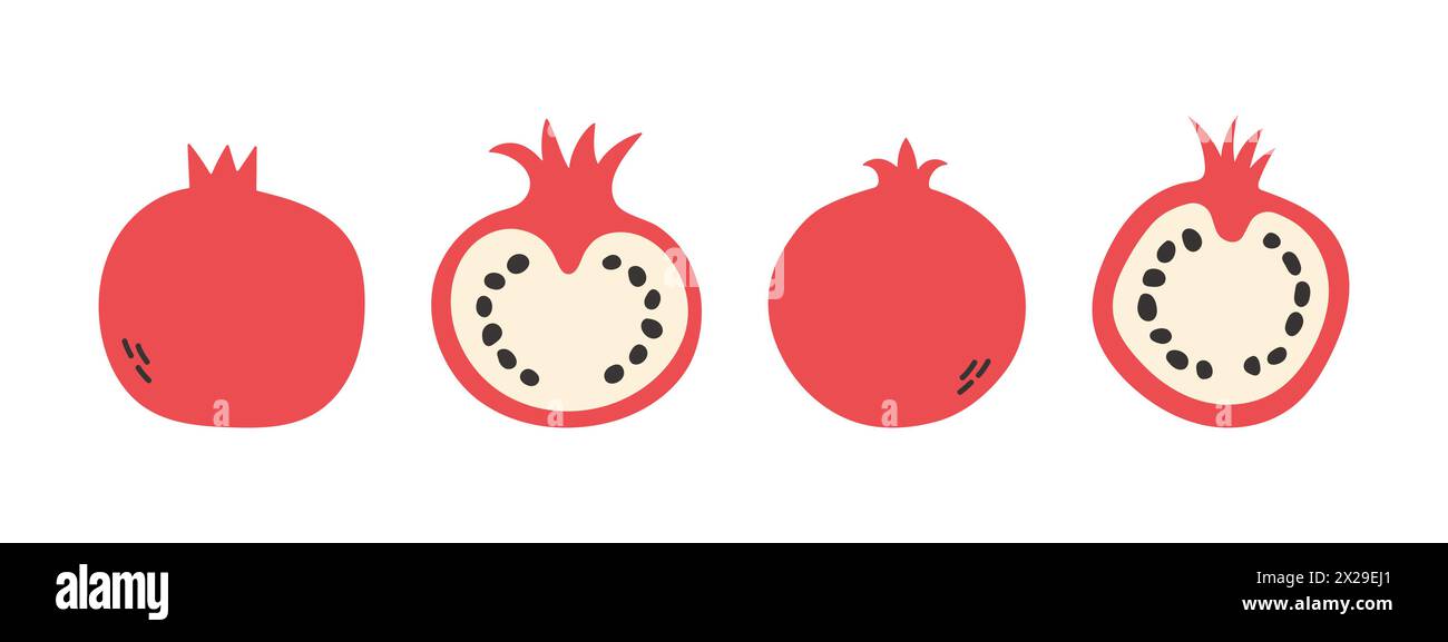 Set of abstract vector pomegranate. Simple pomegranate. Tropical fruit collection design for interior, poster, banner.  Stock Vector