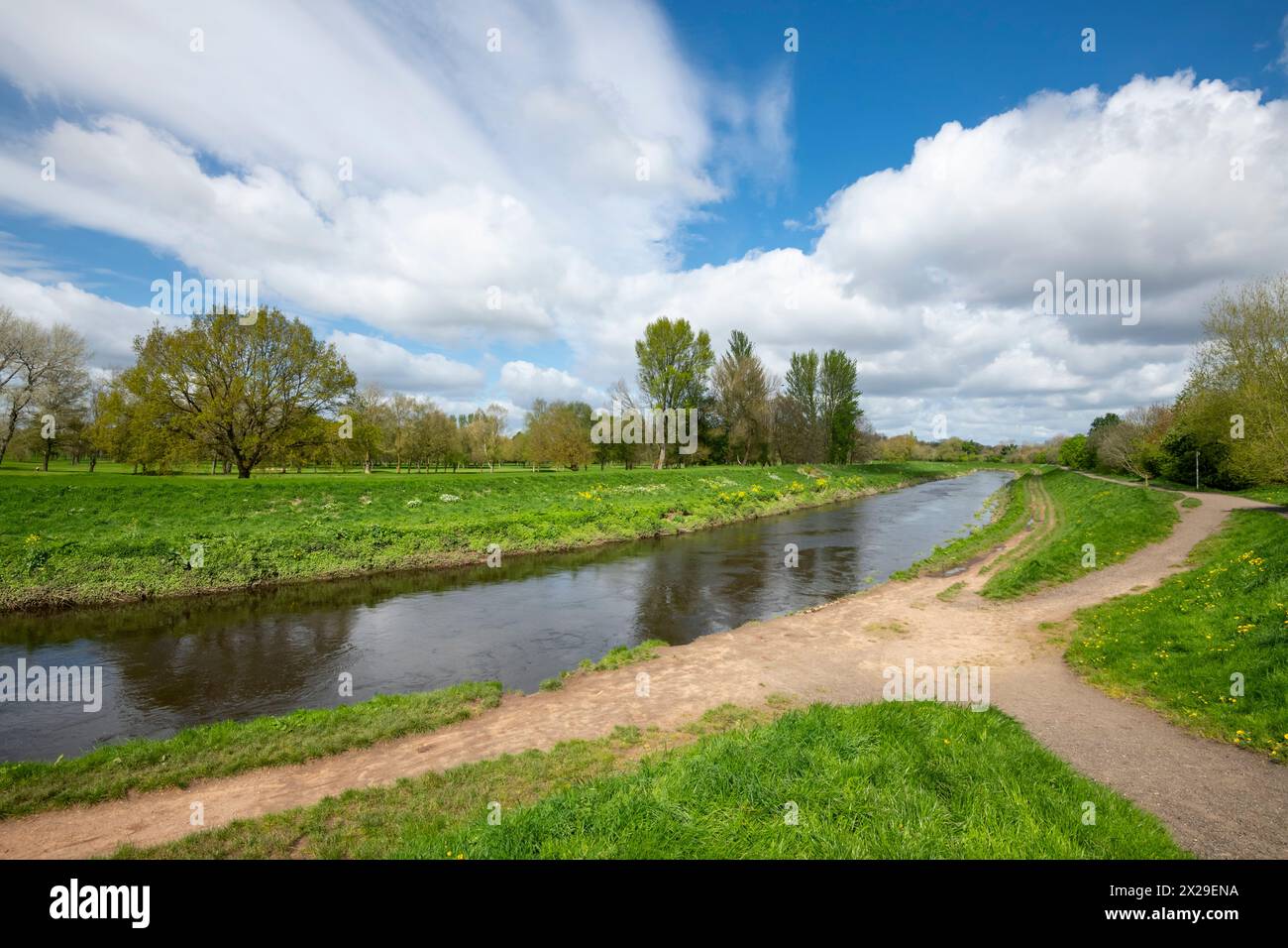 The river Mersey near Northenden in Greater Manchester, England. Popular place for locals to walk along the river bank. Stock Photo