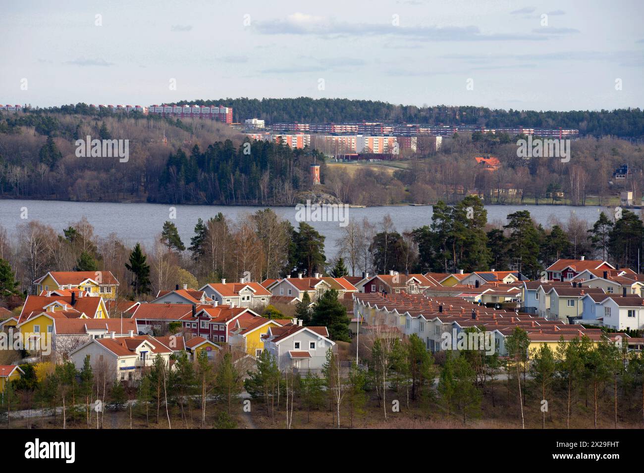 Homes with Pond. Scene of prime real estate community in Stockholm area Stock Photo