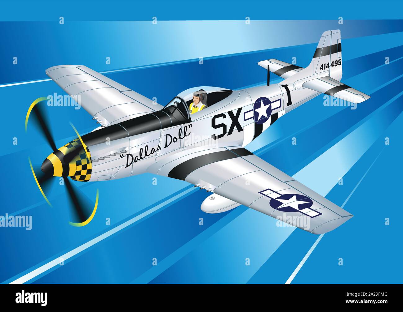 P-51 Mustang Fighter Plane airborne in isometric view. Stock Vector