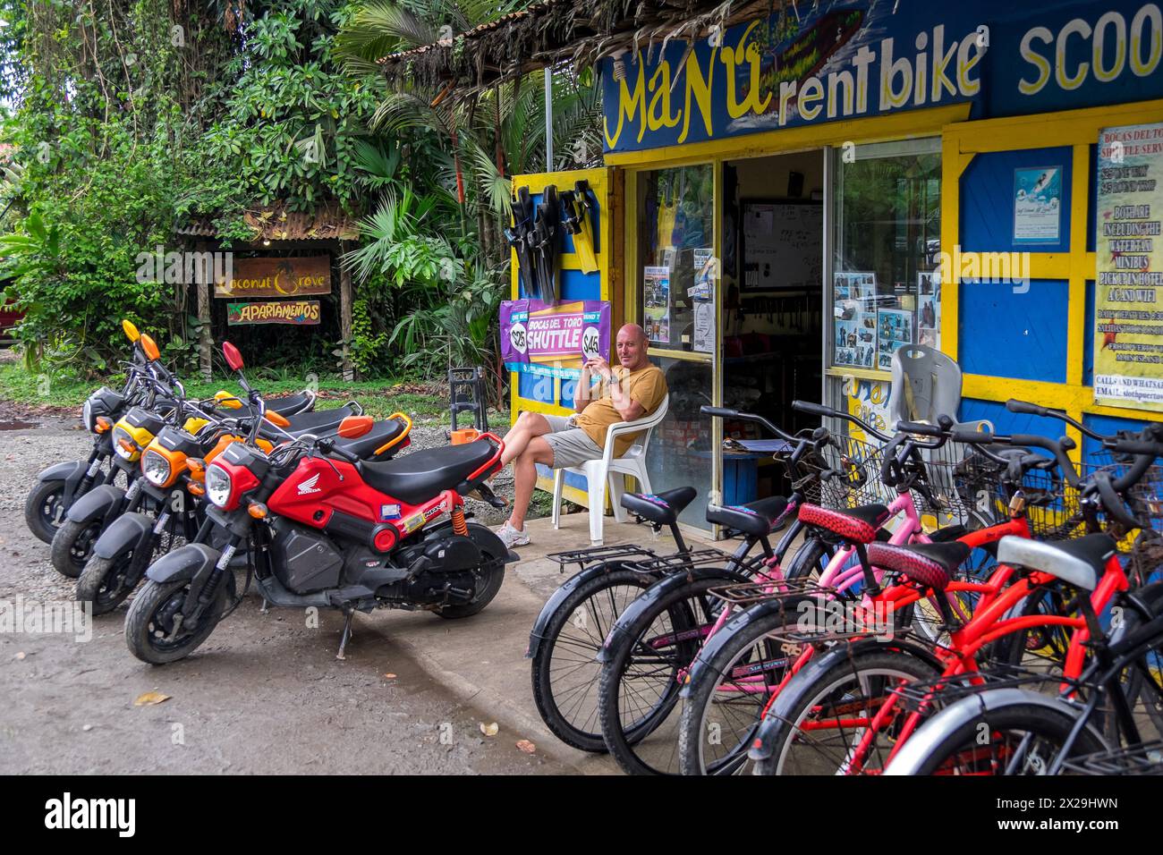 Motorcycle and bicycle rental store in Puerto Viejo de Talamanca in Costa Rica Stock Photo