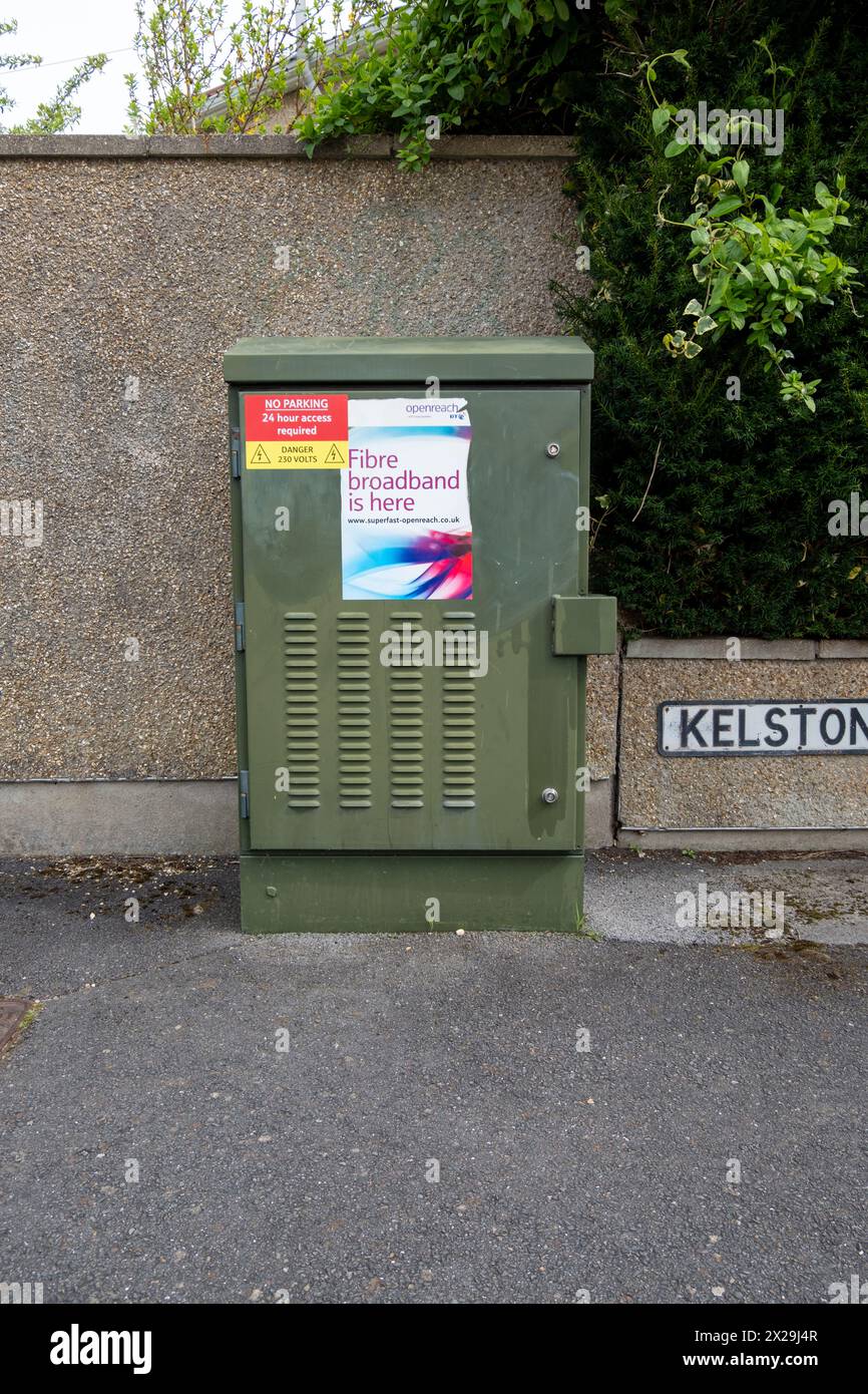 BT junction box with Fibre broadband is here sticker Stock Photo