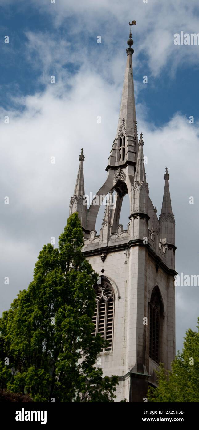 Church Tower, St Dunstan in the East, City of London, UK.  There have been many churches here, the last being built by Sir Christopher Wren, but destr Stock Photo