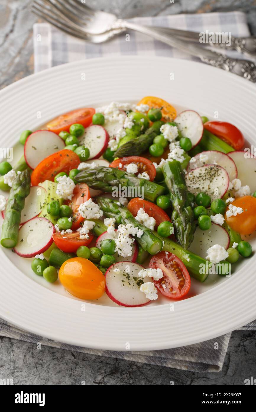 Fresh Green Asparagus salad witch goat cheese, green peas, radish and tomato closeup on the plate on the table. Vertical Stock Photo