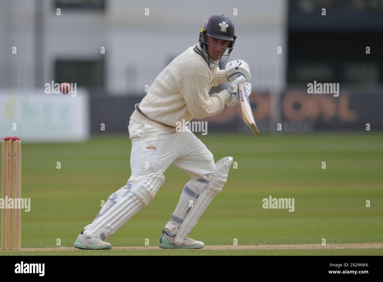 Canterbury, England. 21st Apr 2024. Dan Lawrence of Surrey and England bats during day three of the Vitality County Championship Division One fixture between Kent County Cricket Club and Surrey County Cricket Club at the Spitfire Ground, St Lawrence in Canterbury. Kyle Andrews/Alamy Live News. Stock Photo