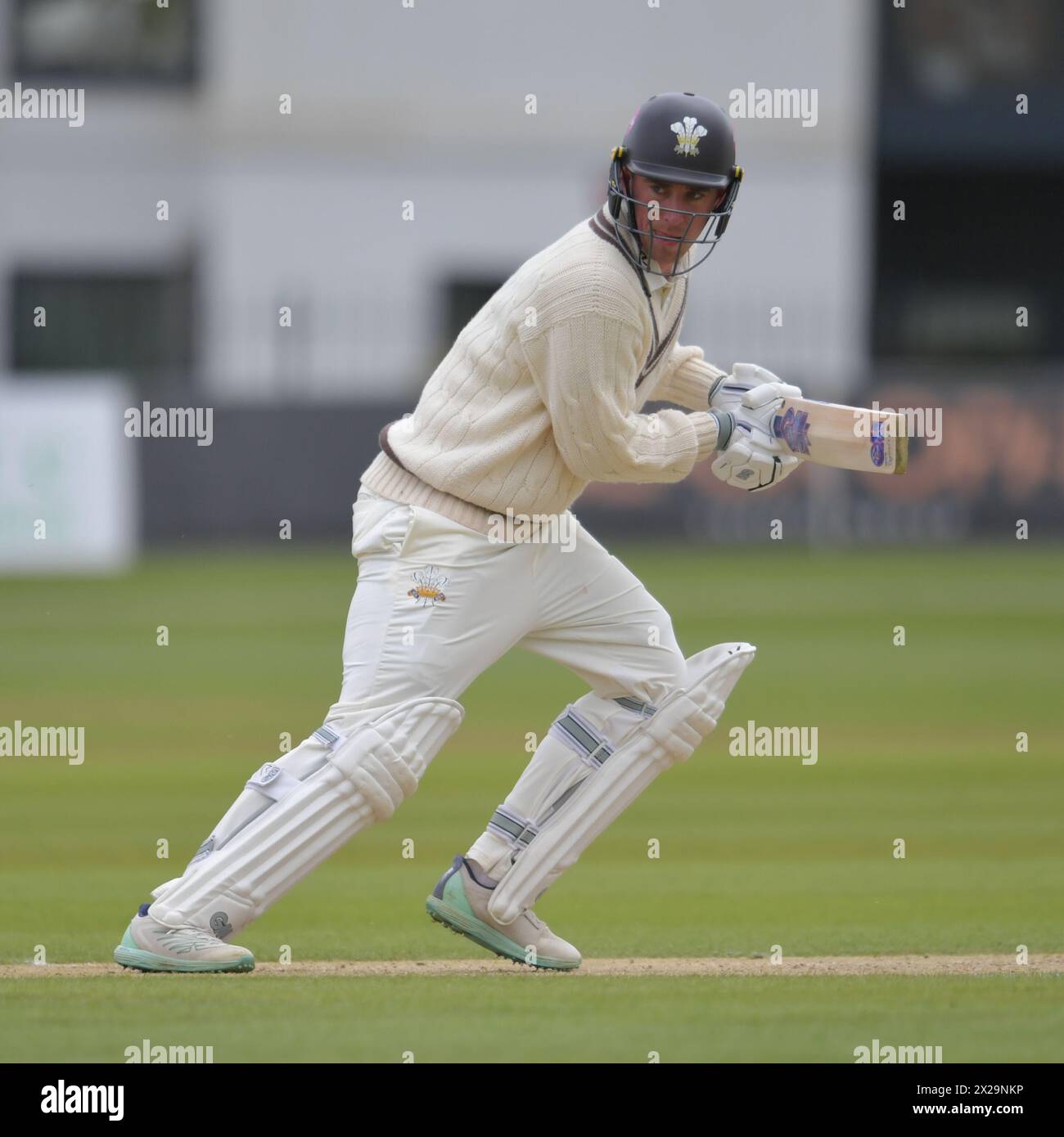 Canterbury, England. 21st Apr 2024. Dan Lawrence of Surrey and England bats during day three of the Vitality County Championship Division One fixture between Kent County Cricket Club and Surrey County Cricket Club at the Spitfire Ground, St Lawrence in Canterbury. Kyle Andrews/Alamy Live News. Stock Photo